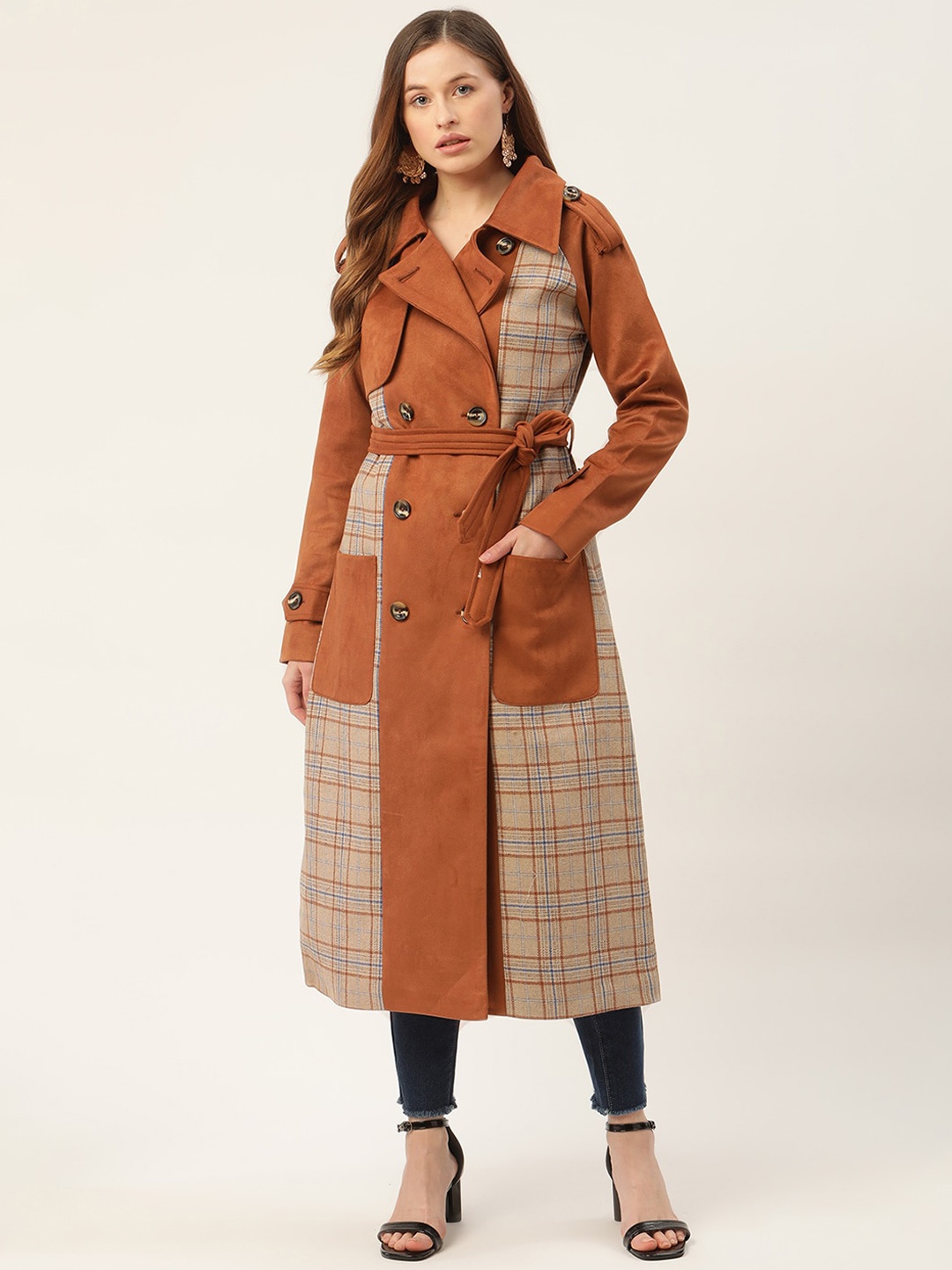 

ELLE Women Beige & Mustard Checked Over Coats
