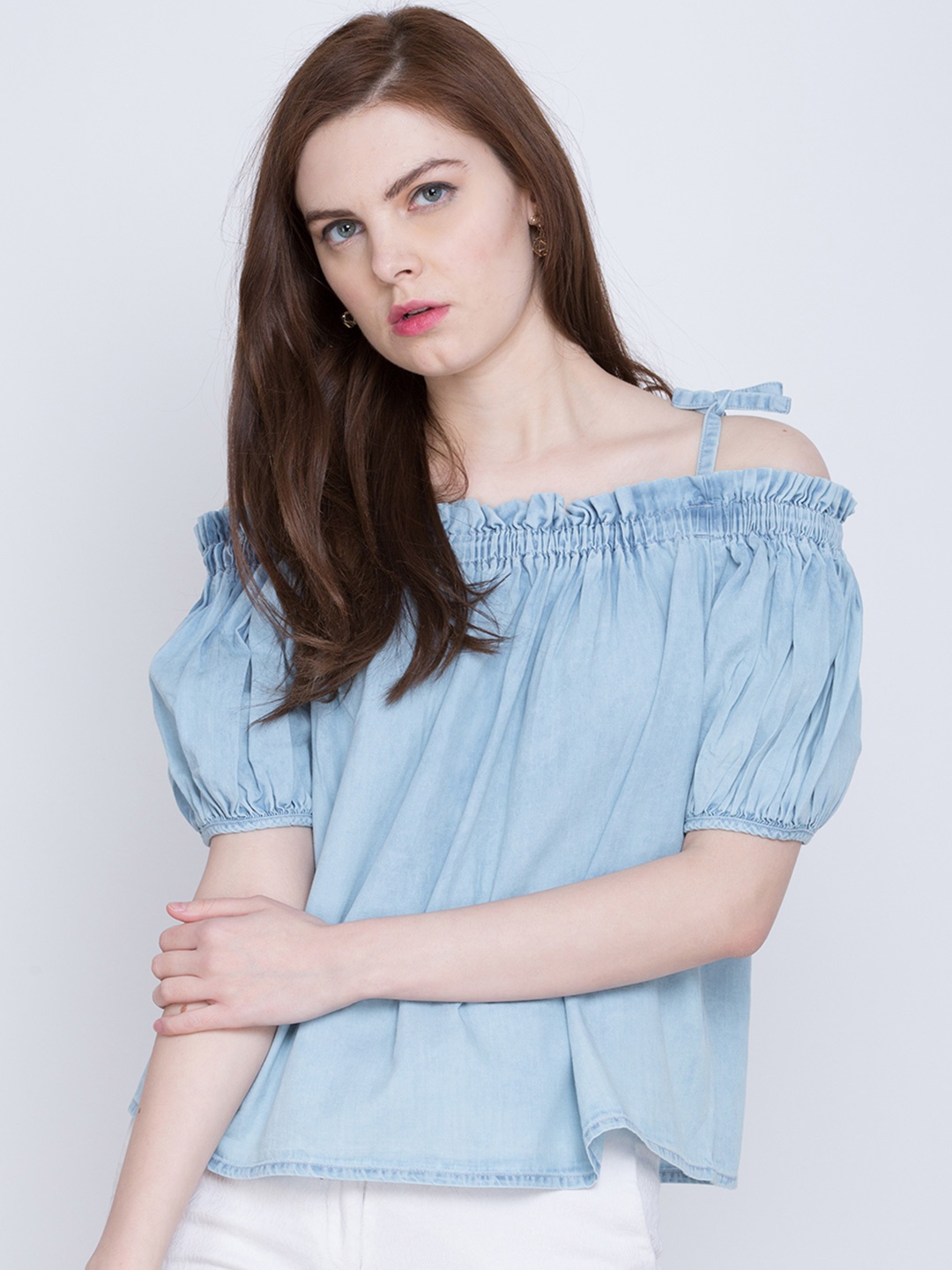 

Tokyo Talkies Blue Off-Shoulder Pure Cotton Top