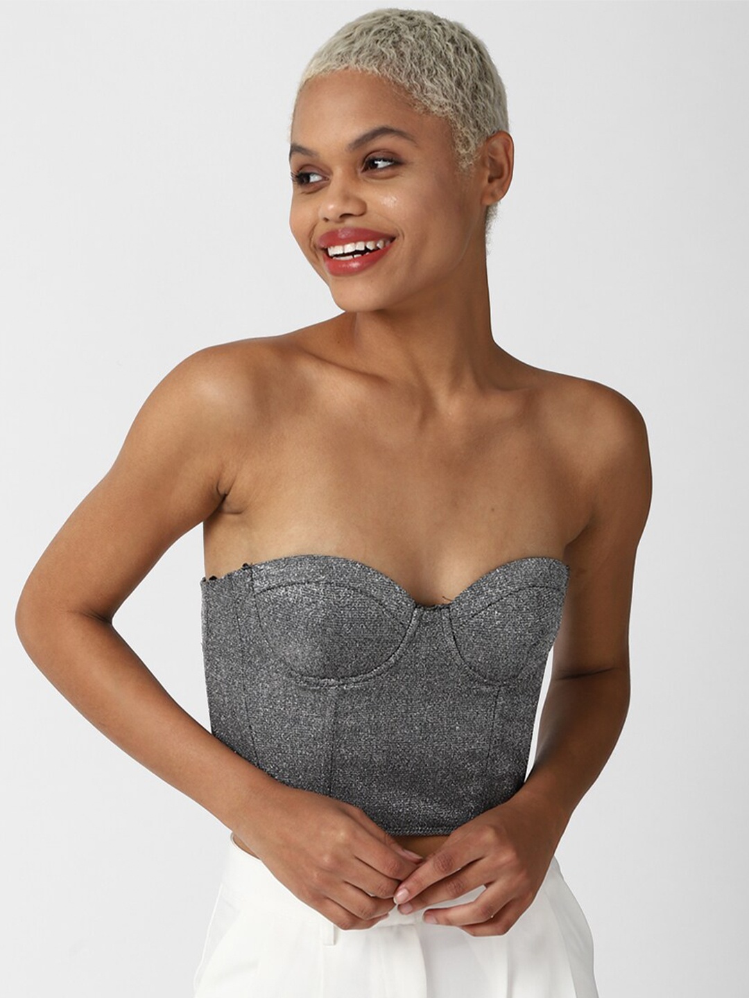 

FOREVER 21 Grey Self Design Textured Strapless Tube Crop Top