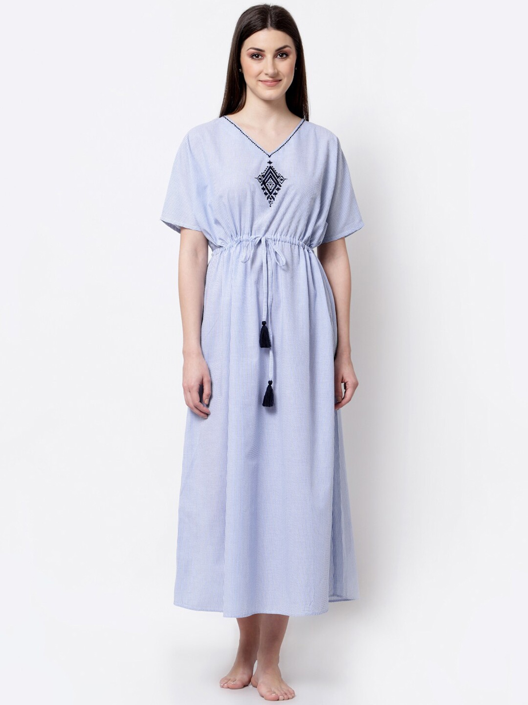 

BLANC9 Women Blue Striped V-neck Pure Cotton Nightdress