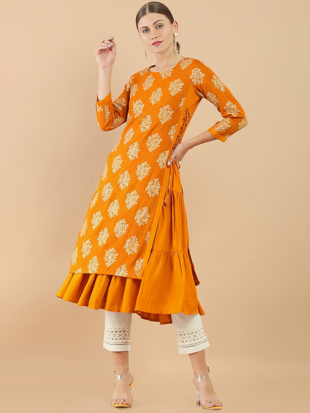 

Soch Women Mustard Yellow Ethnic Motifs Damask Printed A-Line Kurta