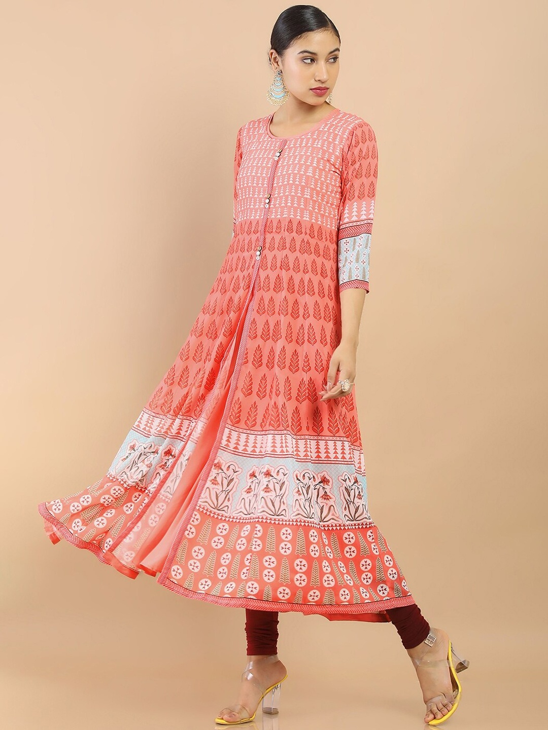 

Soch Women Coral Pink & White Georgette Layered Anarkali Kurta