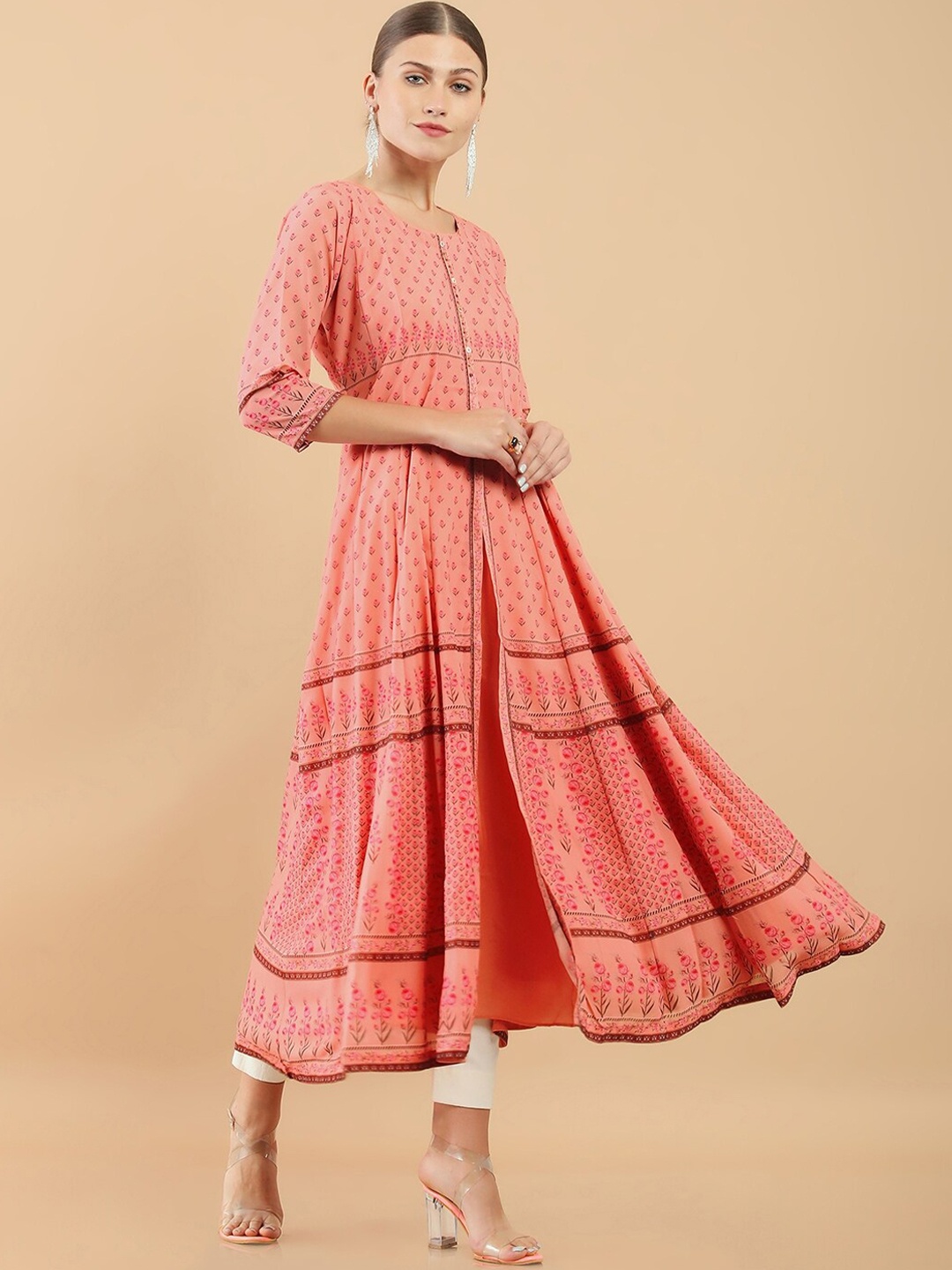 

Soch Women Peach-Coloured Floral Printed Georgette Anarkali Kurta