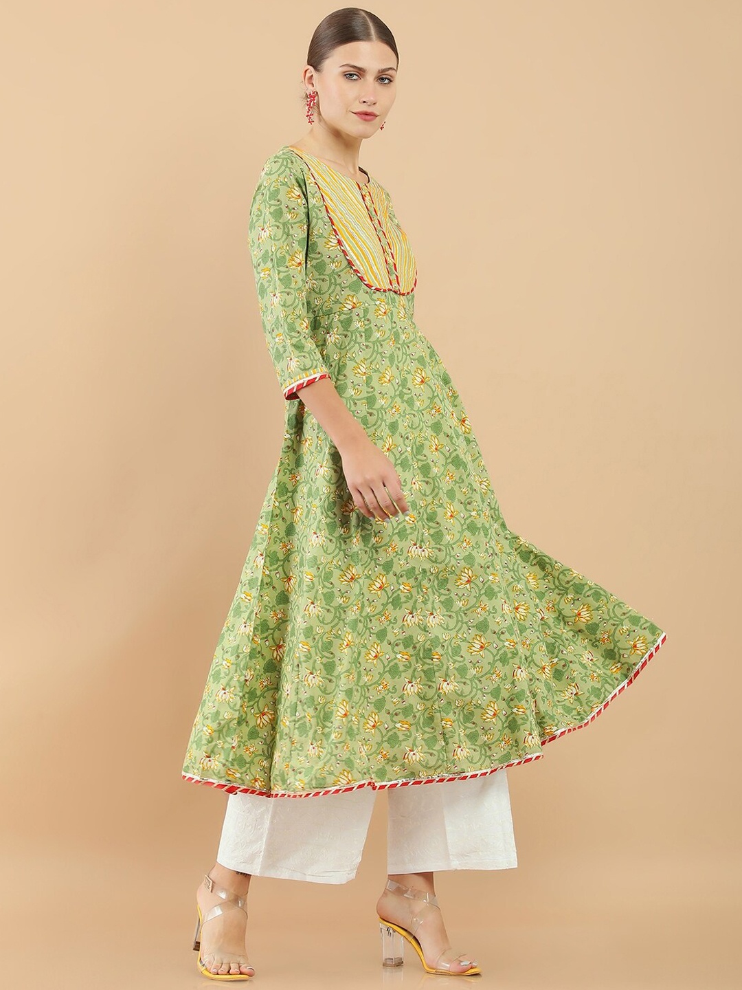 

Soch Women Green Floral Printed Cotton Anarkali Kurta