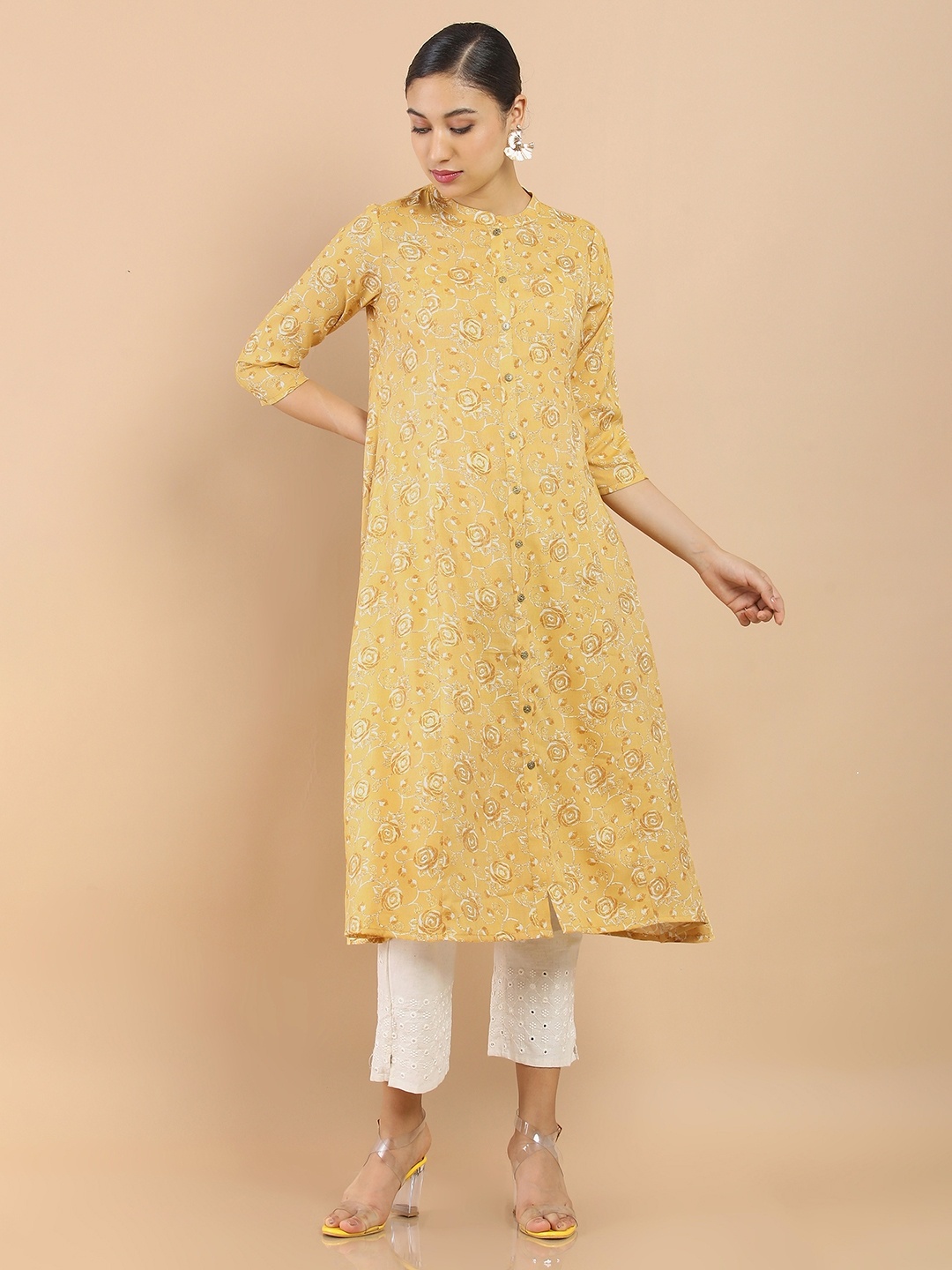 

Soch Women Yellow Floral Printed Rayon Kurta