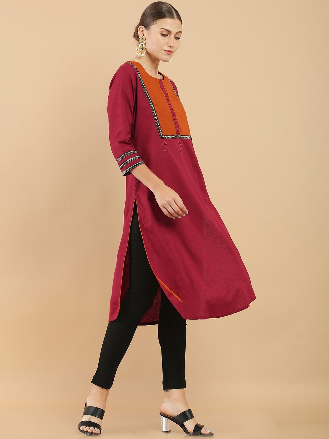 

Soch Women Maroon & Orange Yoke Design Thread Work Kurta