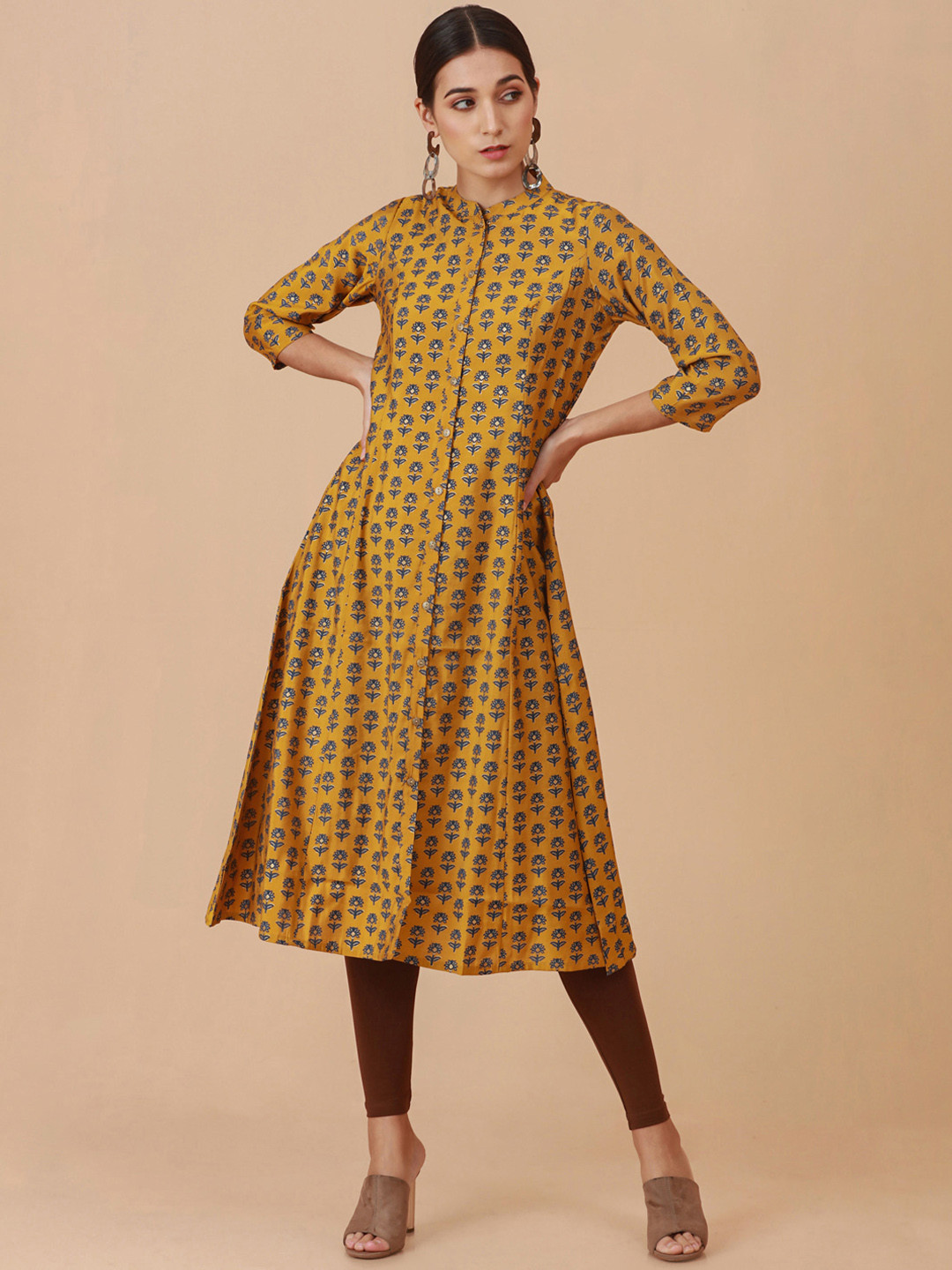 

Soch Women Mustard Yellow Floral Printed A-Line Chanderi Cotton Kurta