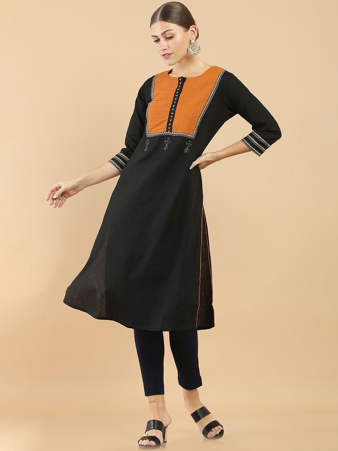 

Soch Women Black & Orange Embroidered Straight Cotton Kurta