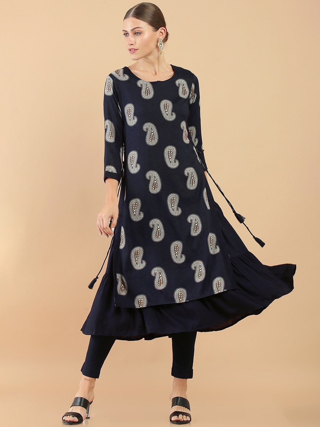 

Soch Women Navy Blue & White Paisley Printed Layered Anarkali Kurta