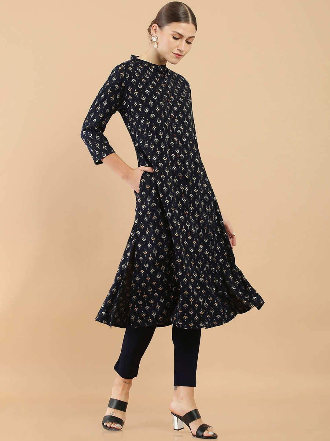 

Soch Navy Blue & Beige Ethnic Motifs Printed A-line Kurta