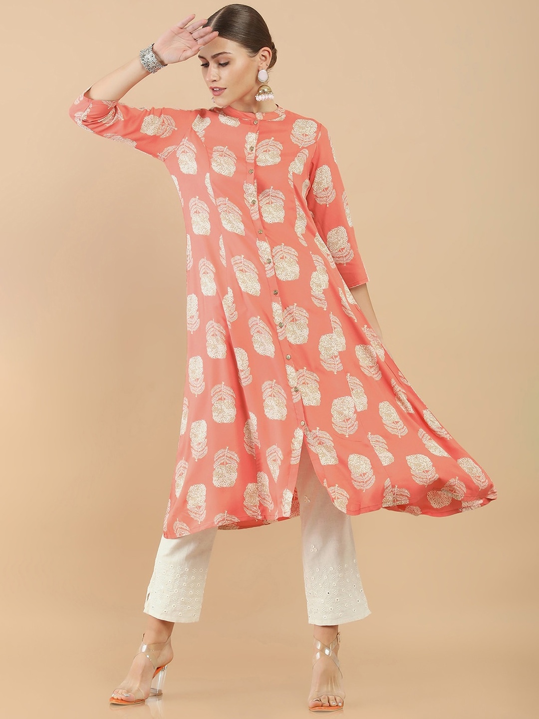 

Soch Women Peach Floral Printed Rayon Kurta
