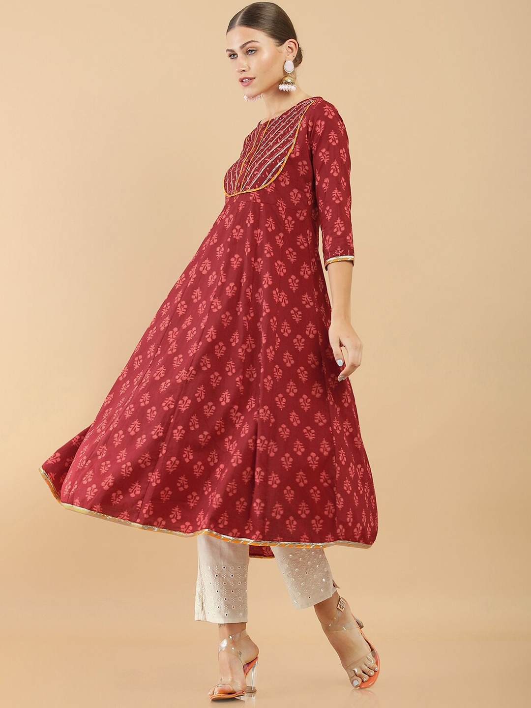 

Soch Women Maroon Ethnic Motifs Printed Gotta Patti Cotton Anarkali Kurta
