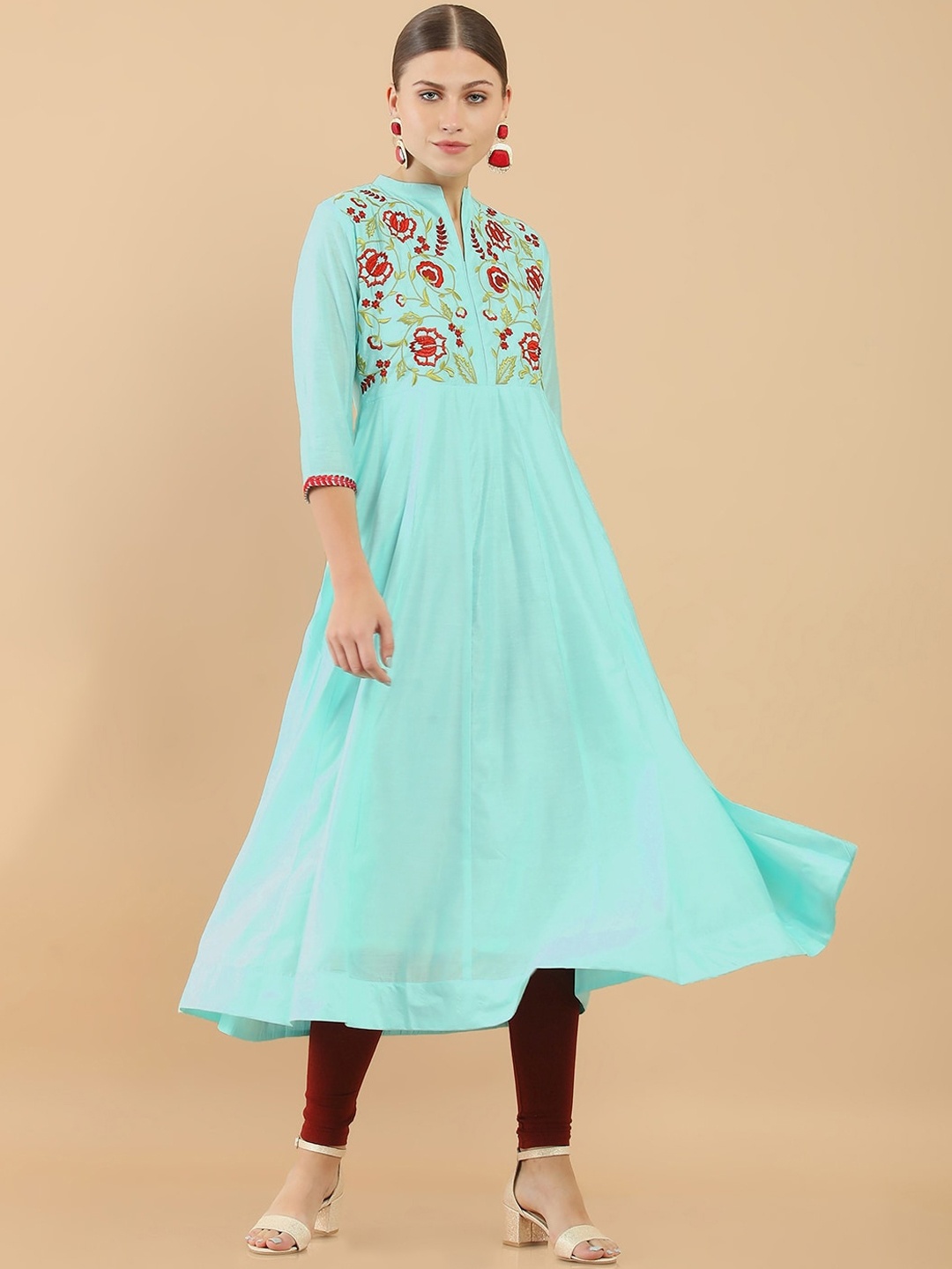 

Soch Women Blue & Red Floral Yoke Design Thread Work Anarkali Kurta