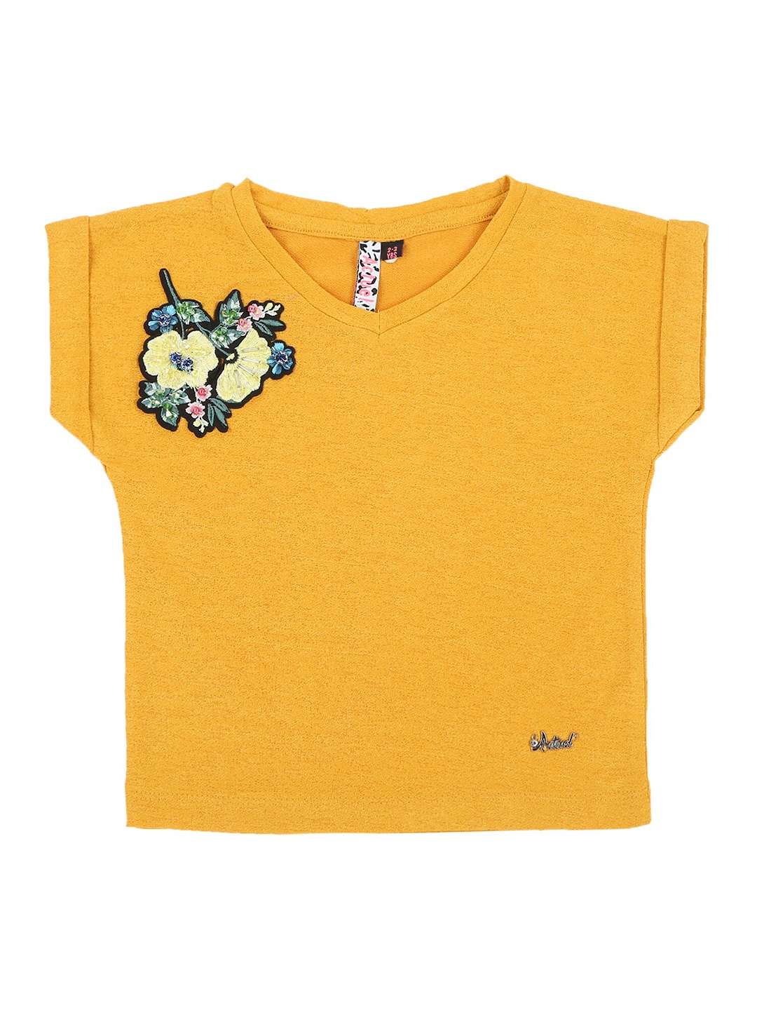 

Actuel Mustard Yellow Embroidered Extended Sleeves Pure Cotton Top