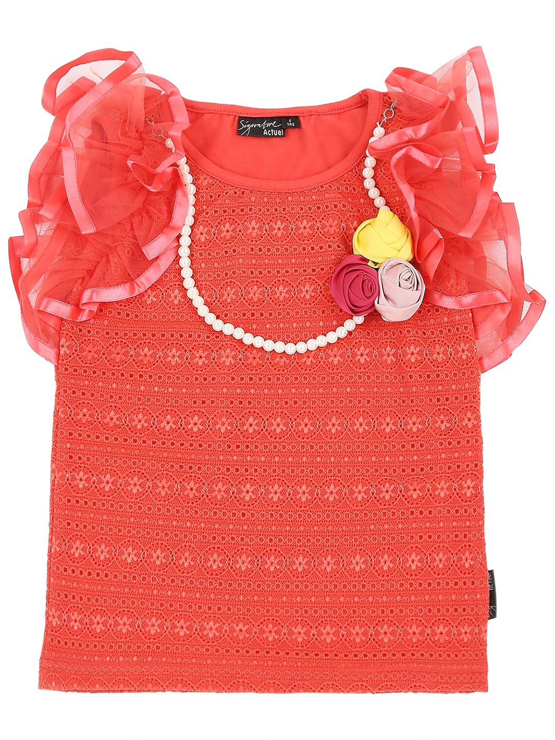 

Actuel Coral Orange Geometric Printed Pure Cotton Top