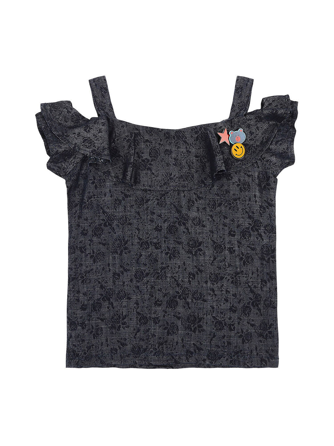 

Actuel Blue Floral Print Cold Shoulder Sleeves Pure Cotton Top
