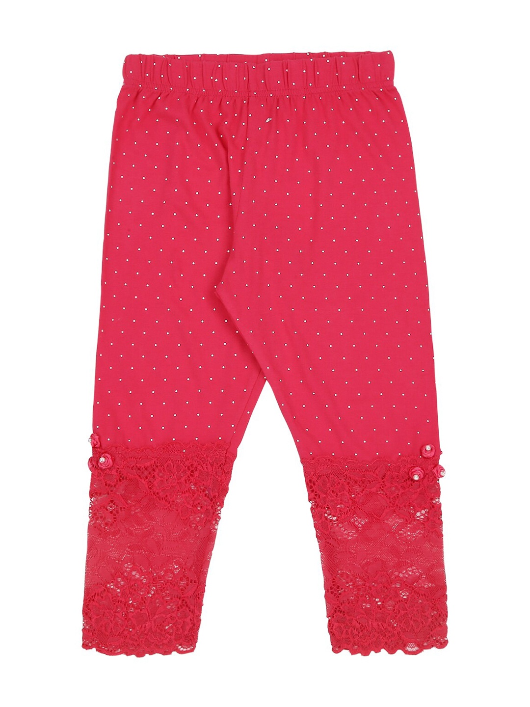 

Actuel Girls Fuchsia Polka Dots Printed Lace Detail Regular Fit Pure Cotton Capris
