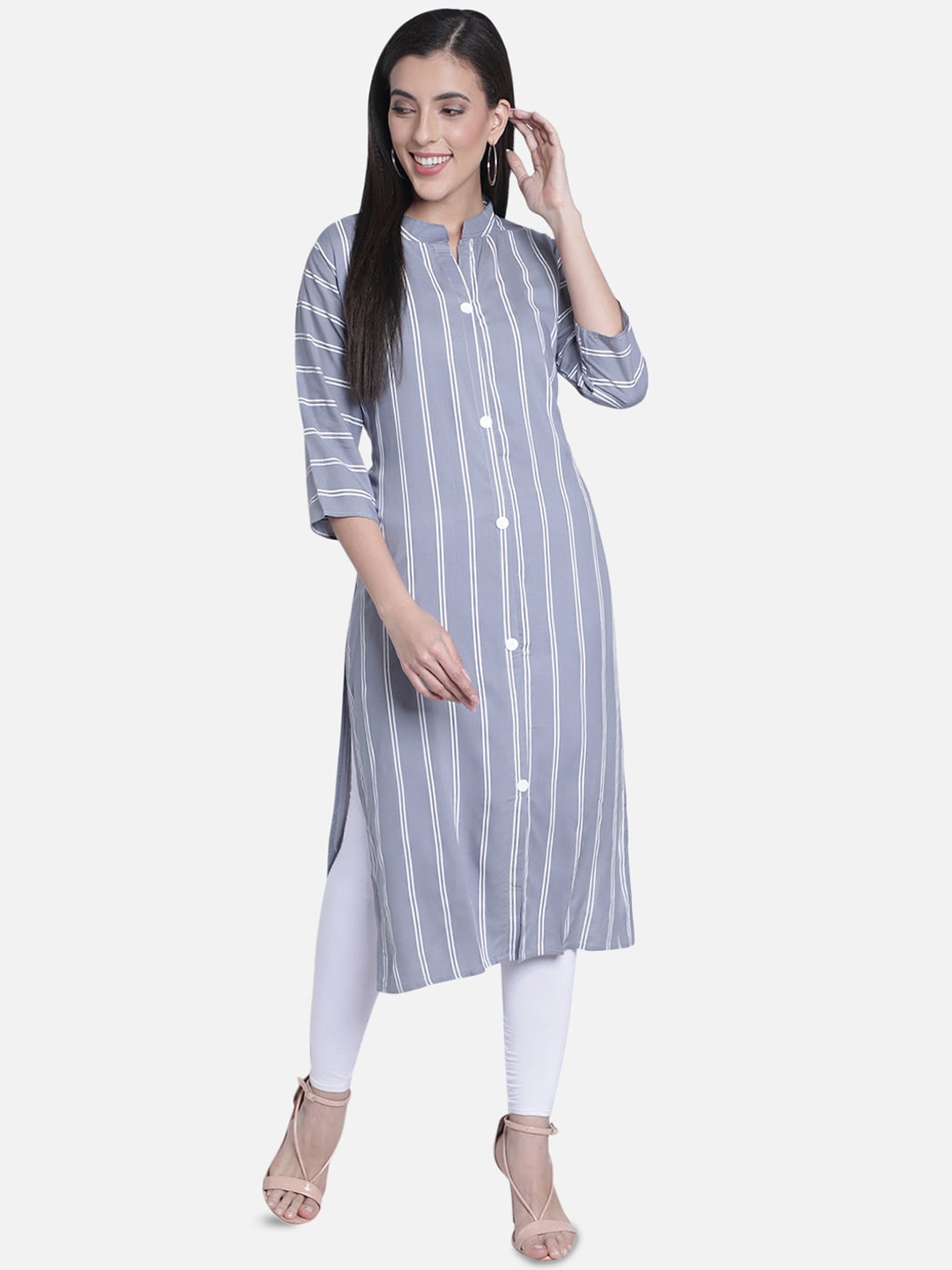 

Fabclub Women Grey Striped Straight Kurta