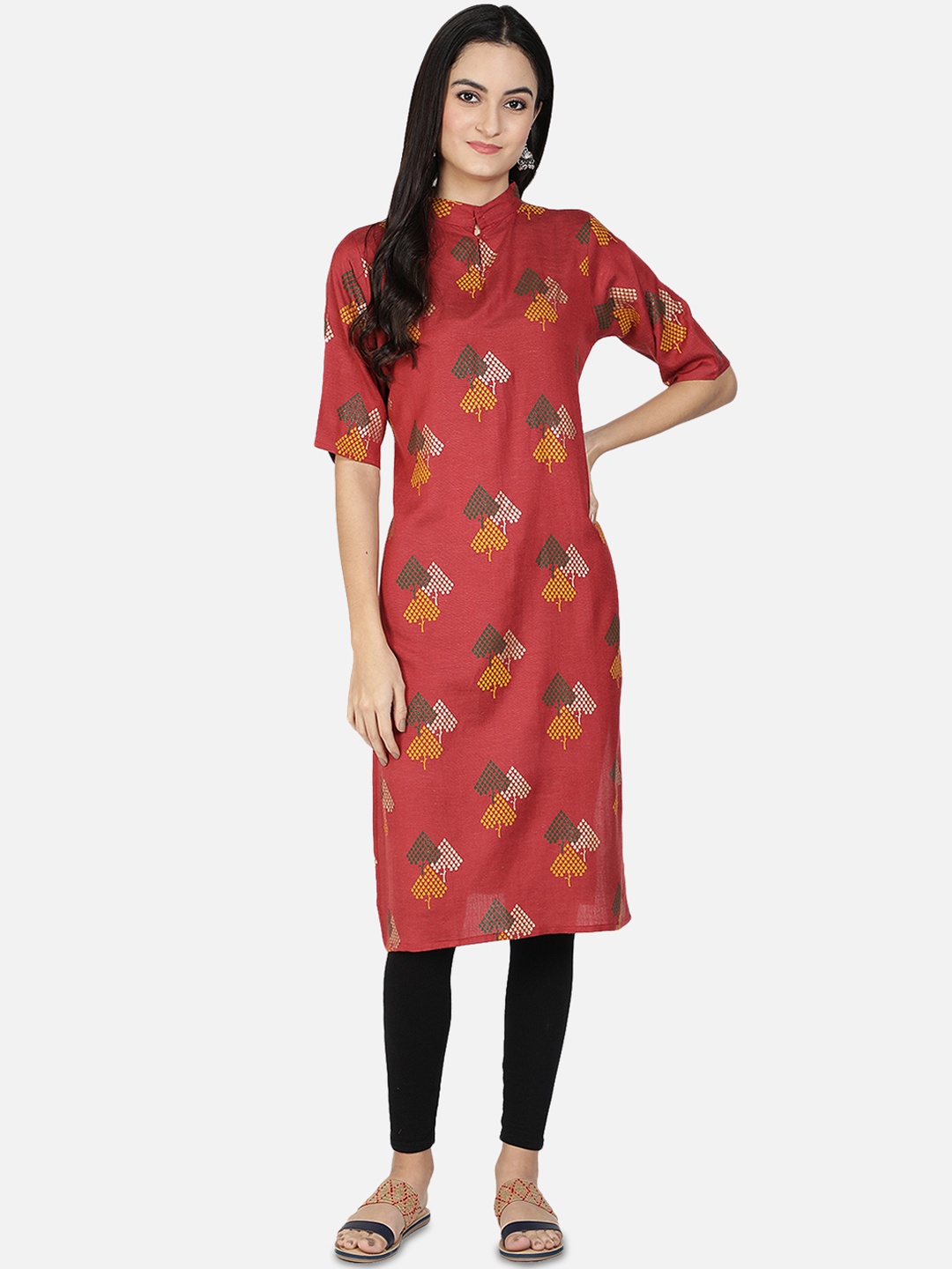 

Fabclub Women Maroon & Green Ethnic Motifs Foil Printed Block Print Kurta