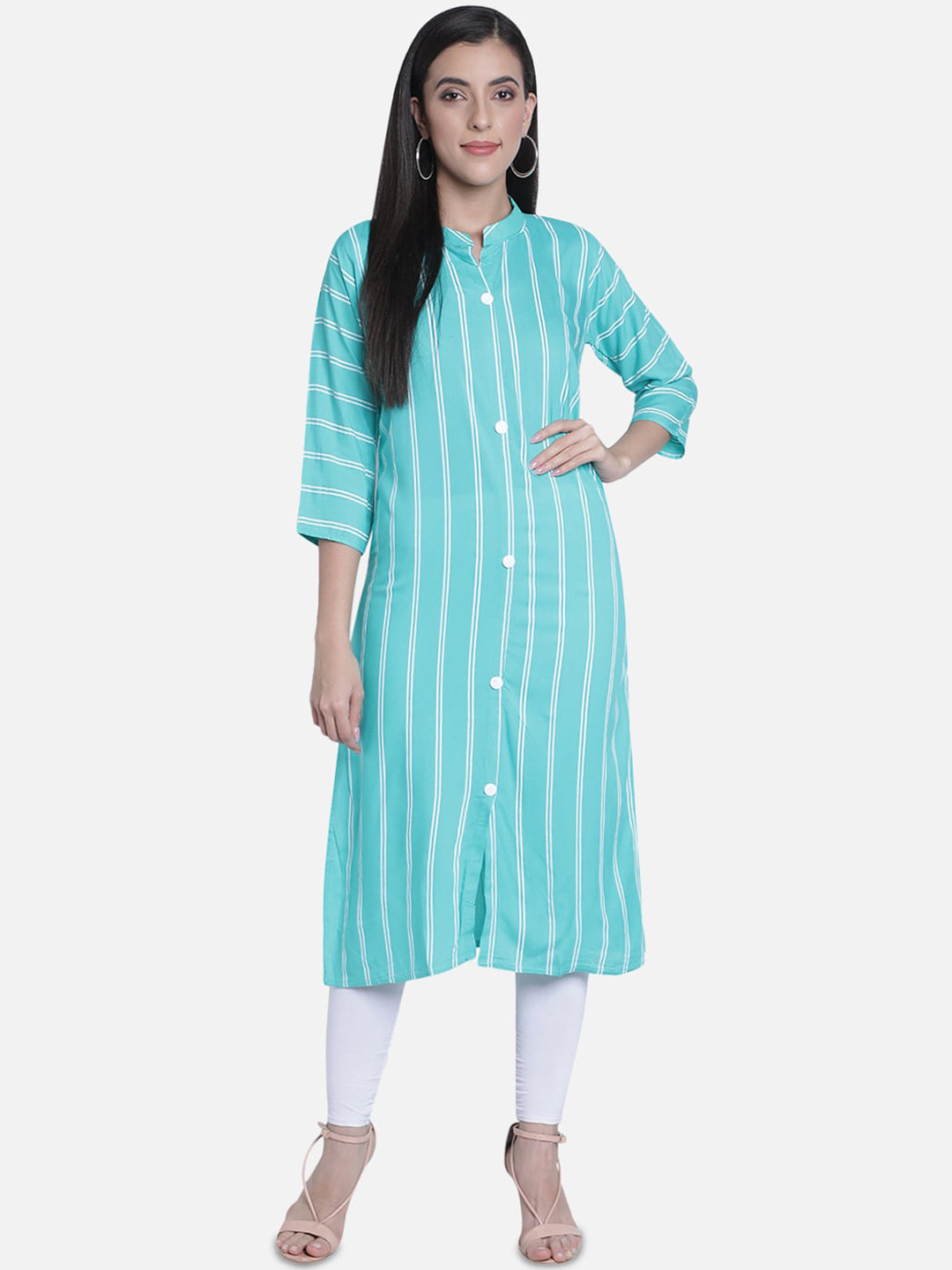 

Fabclub Women Turquoise Blue & White Striped Straight Kurta