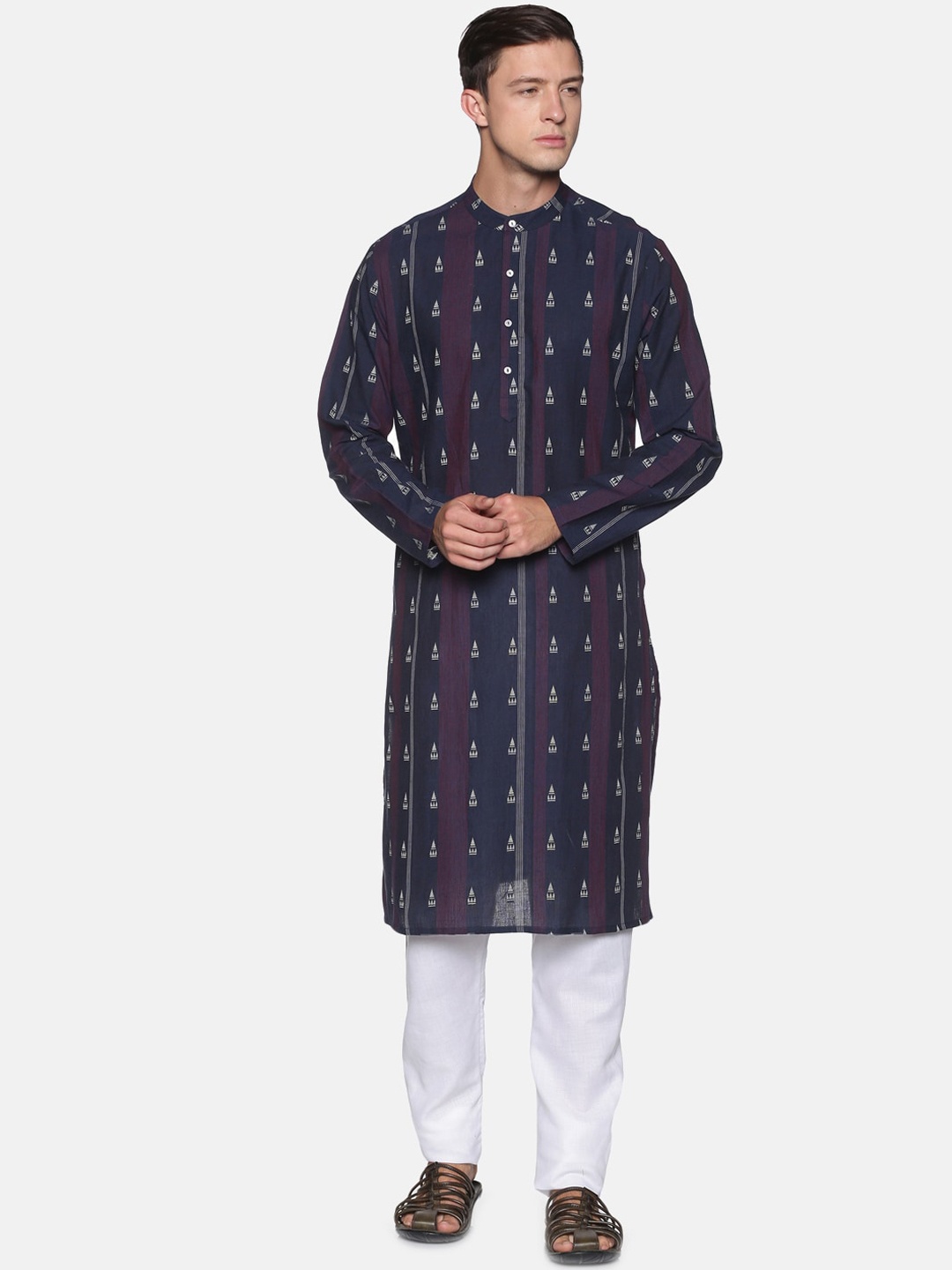 

Saffron Threads Men Navy Blue Striped Woven Design Pure Cotton Kurta with Pyjamas