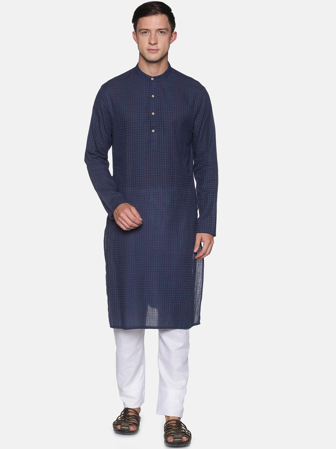 

Saffron Threads Men Navy Blue Pure Cotton Kurta with Pyjamas