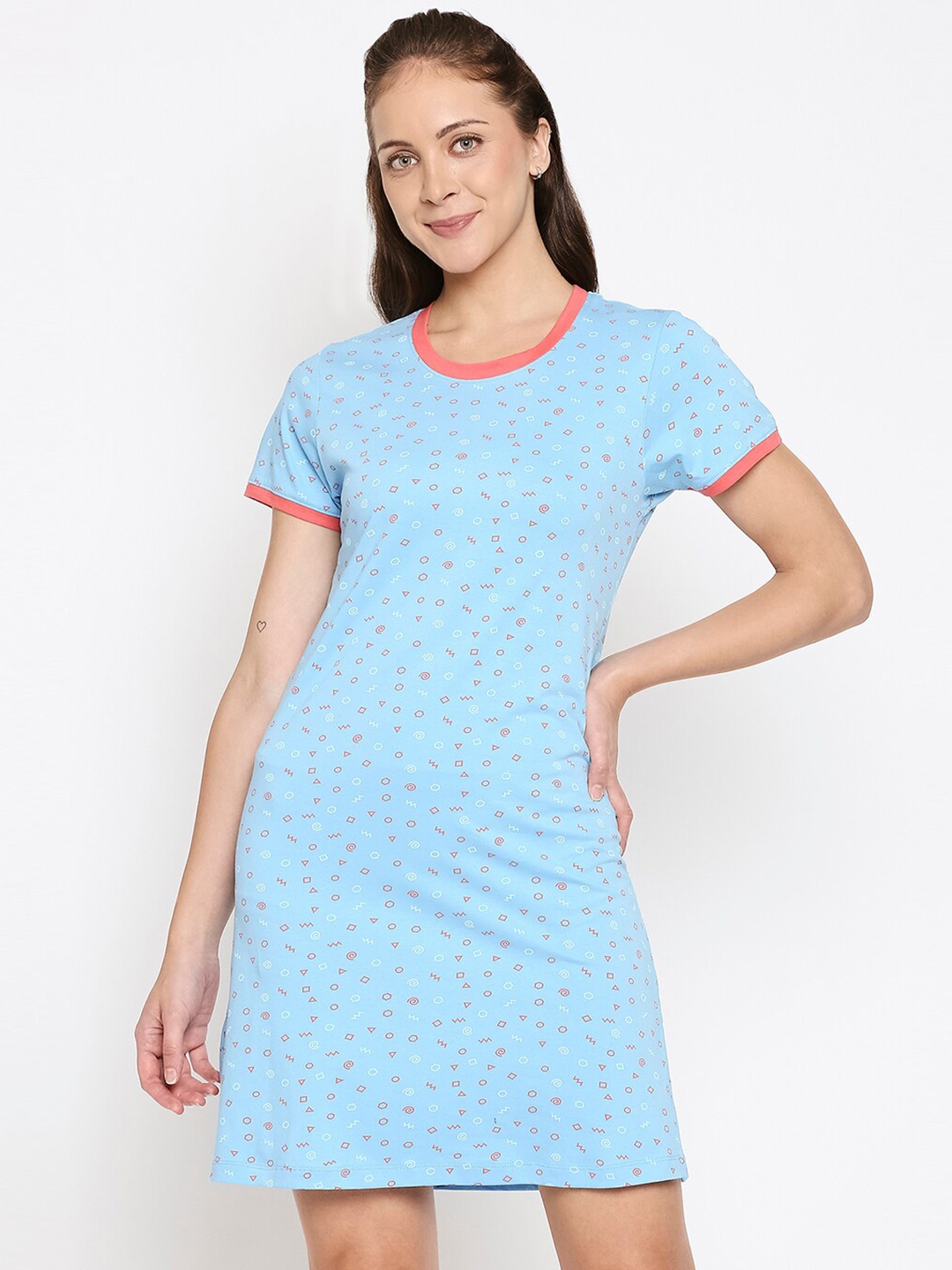 

XIN Women Blue Geometric Print Pure Cotton Nightdress
