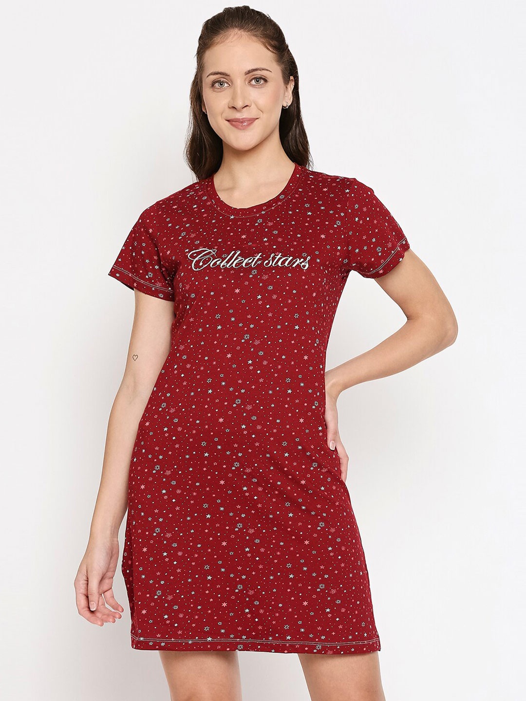 

XIN Maroon Printed Cotton Nightdress