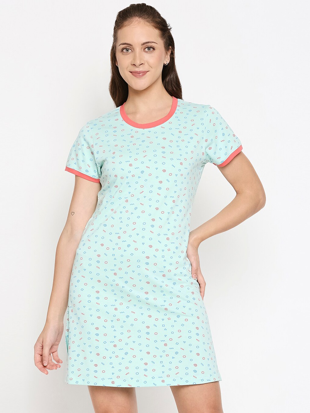 

XIN Women Mint Green Printed Relaxed Fit Pure Cotton Nightdress