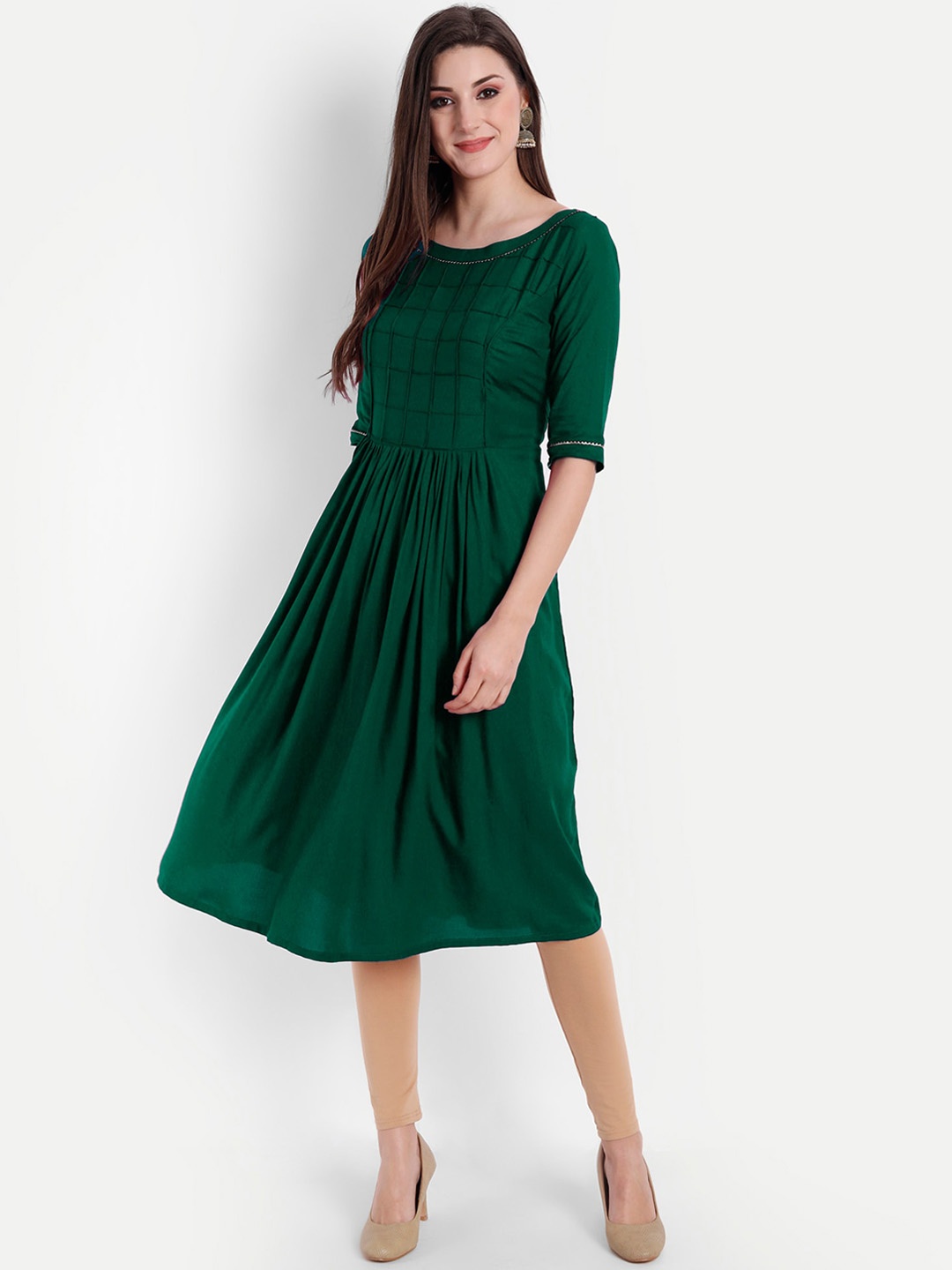 

Globon Impex Green Pin-Tuck Ethnic Fit & Flare Dress