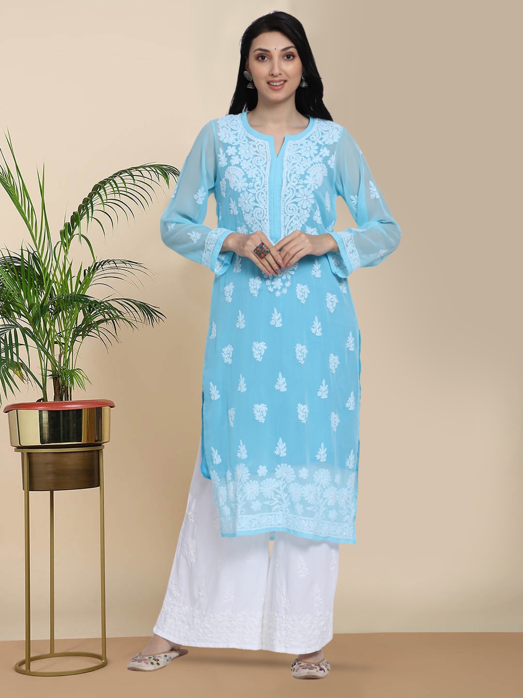 

PARAMOUNT CHIKAN Women Turquoise Blue Chikankari Hand Embroidered Straight Kurta