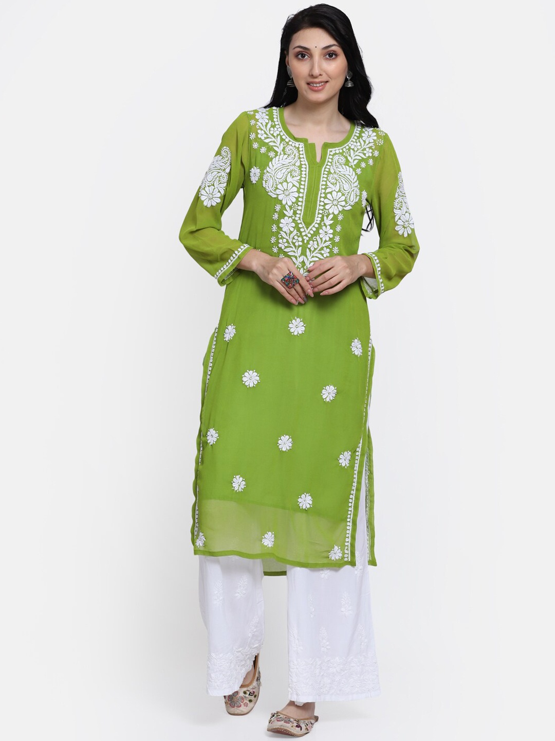 

PARAMOUNT CHIKAN Women Green Ethnic Motifs Embroidered Chikankari Floral Georgette Kurta