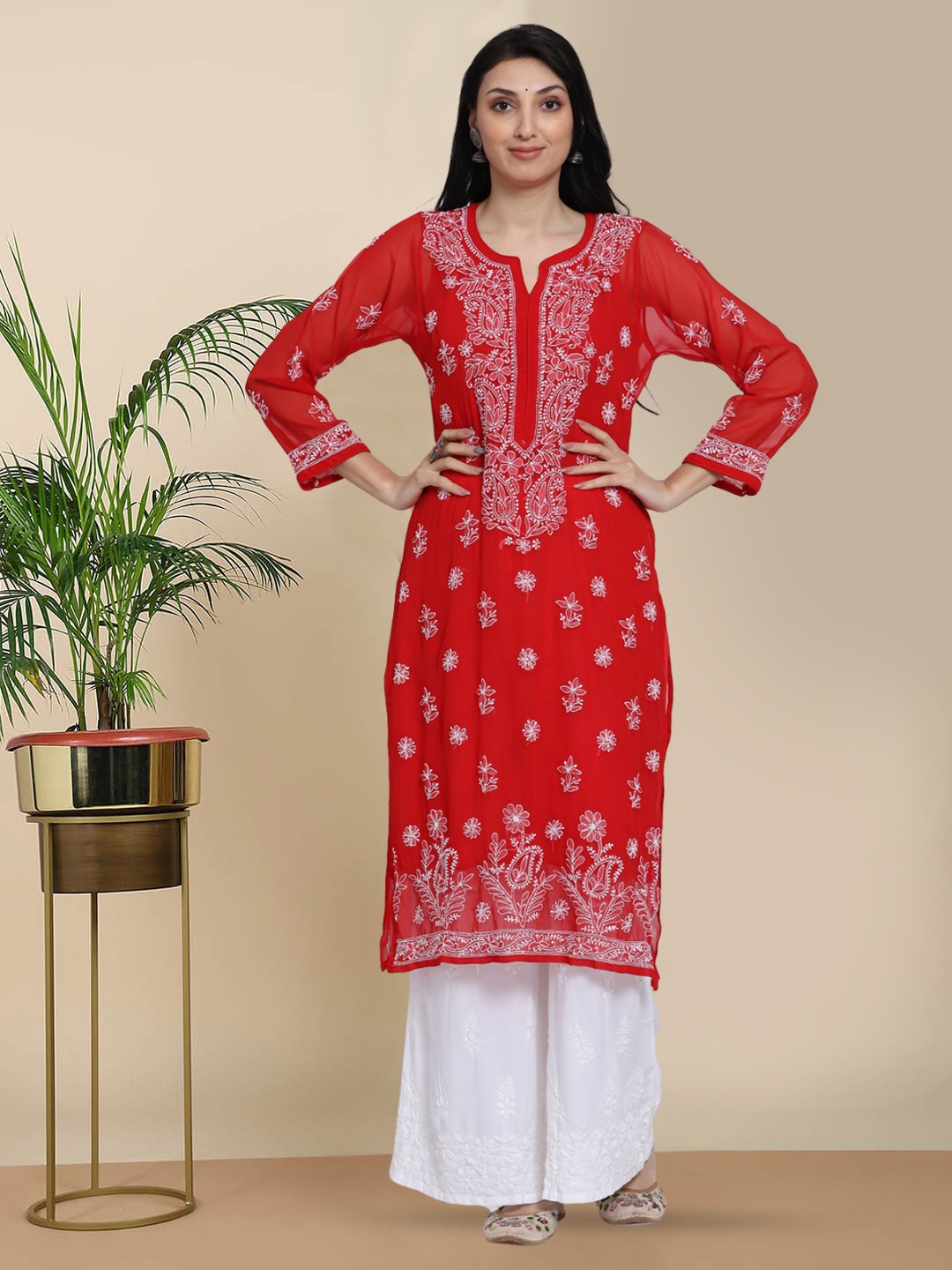 

PARAMOUNT CHIKAN Women Red & White Ethnic Motifs Embroidered Chikankari Kurta
