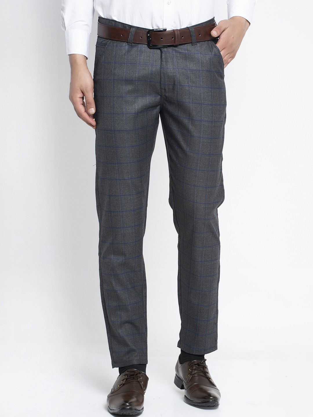 

JAINISH Men Black Checked Smart Slim Fit Easy Wash Pure Cotton Trousers