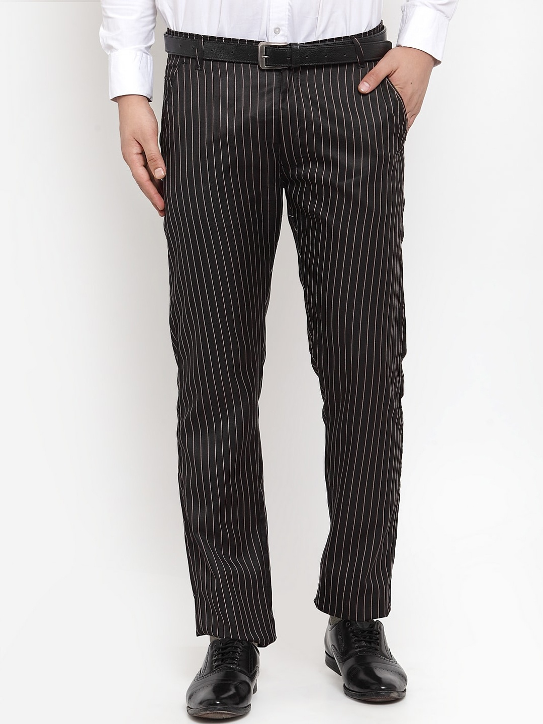 

JAINISH Men Black Striped Smart Tapered Fit Easy Wash Trousers
