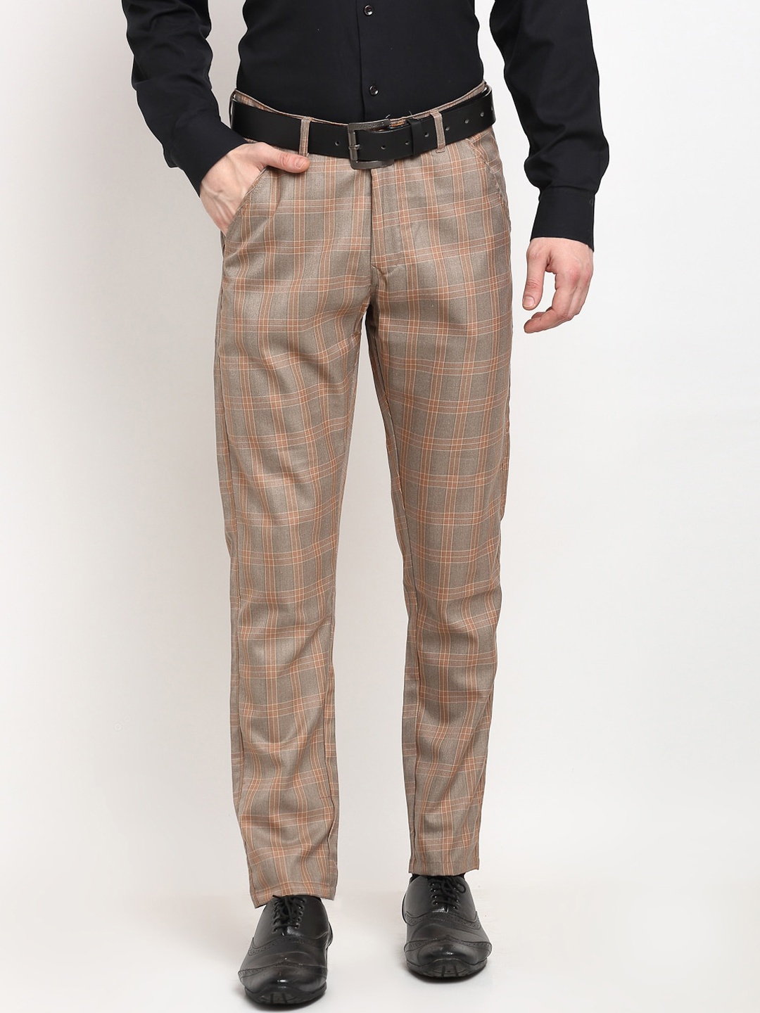 

JAINISH Men Brown Checked Smart Slim Fit Cotton Formal Trousers