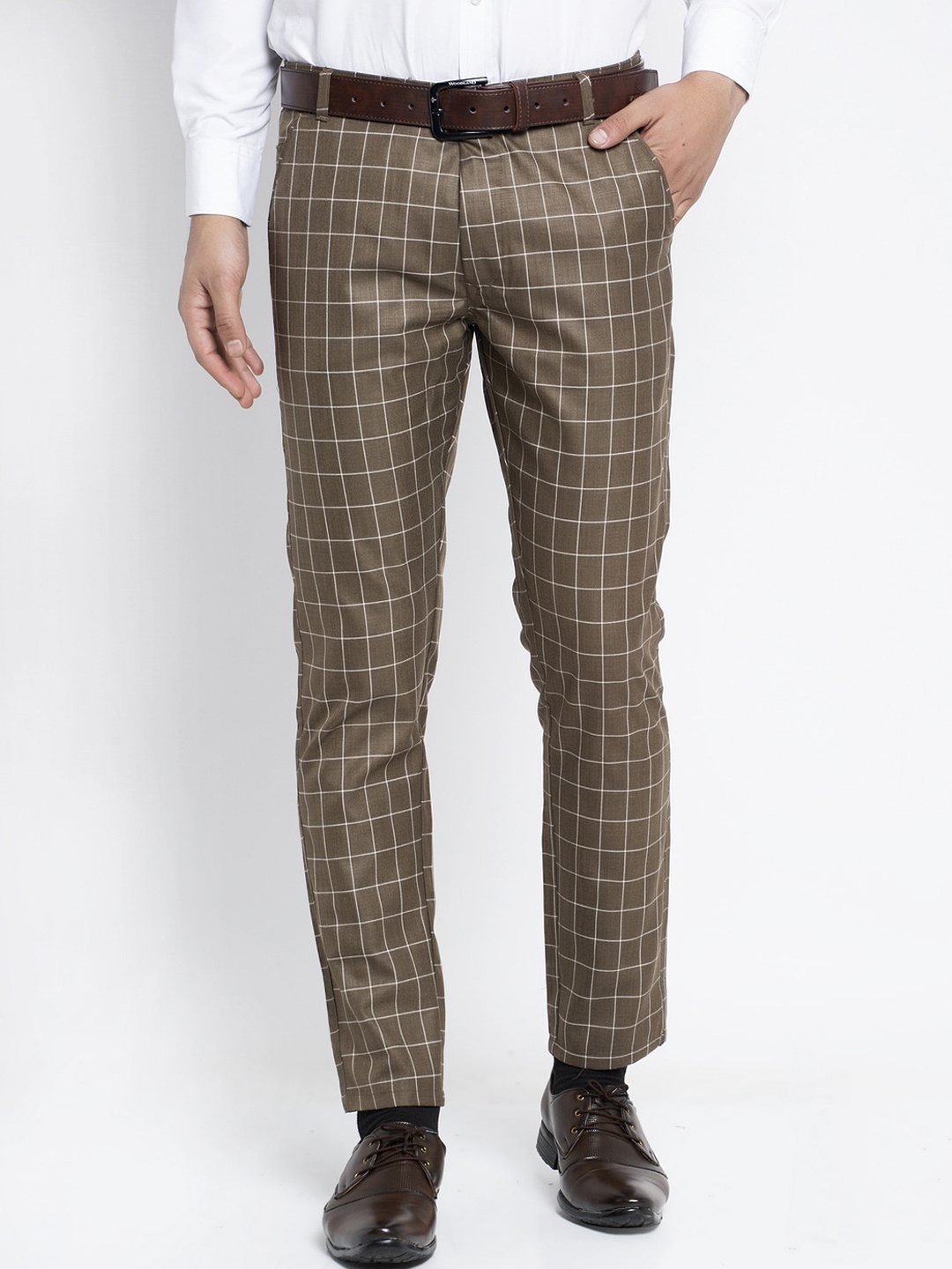 

JAINISH Men Coffee Brown Checked Smart Slim Fit Easy Wash Pure Cotton Formal Trousers