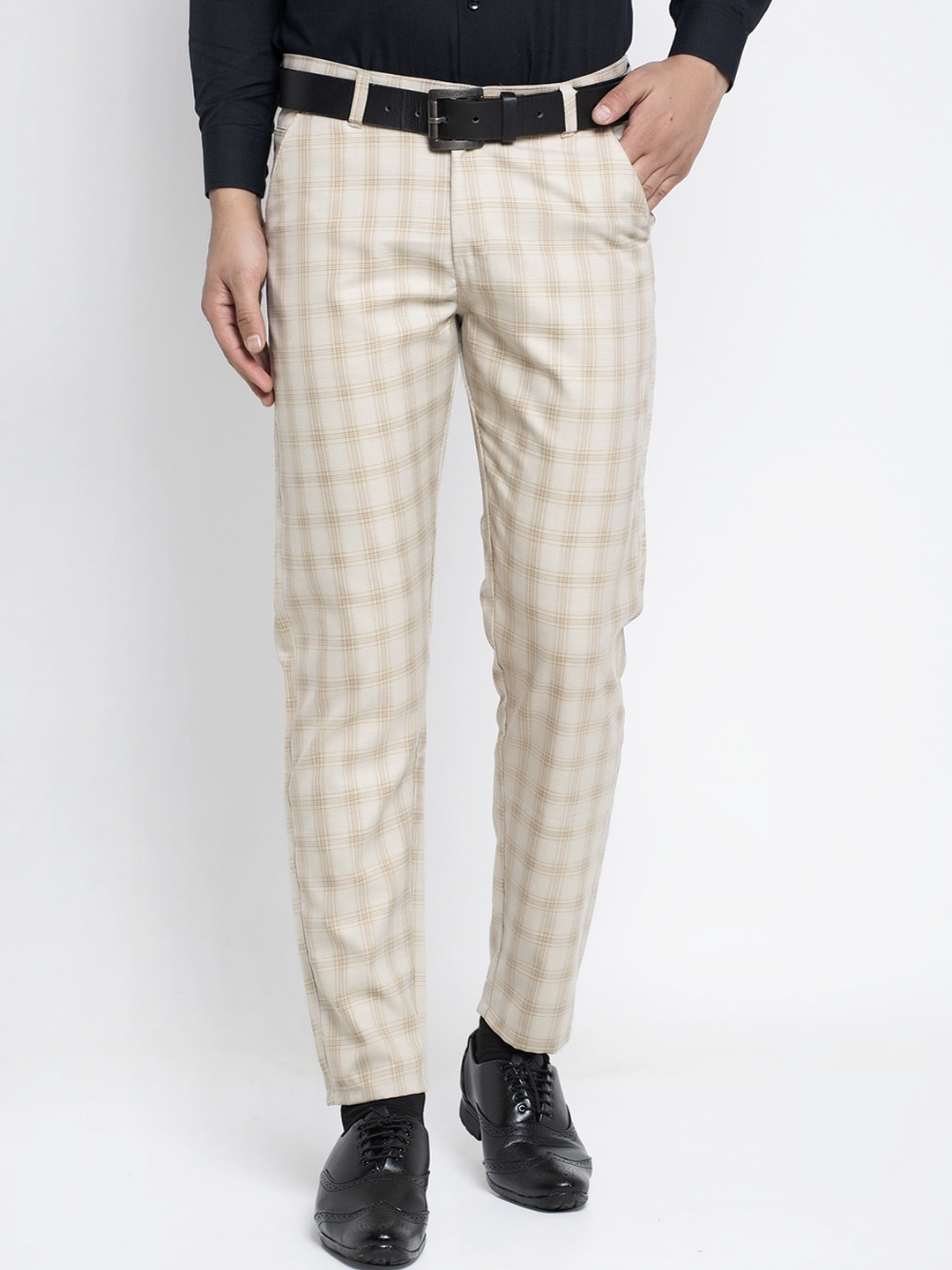 

JAINISH Men Cream-Coloured Checked Smart Slim Fit Easy Wash Pure Cotton Formal Trousers