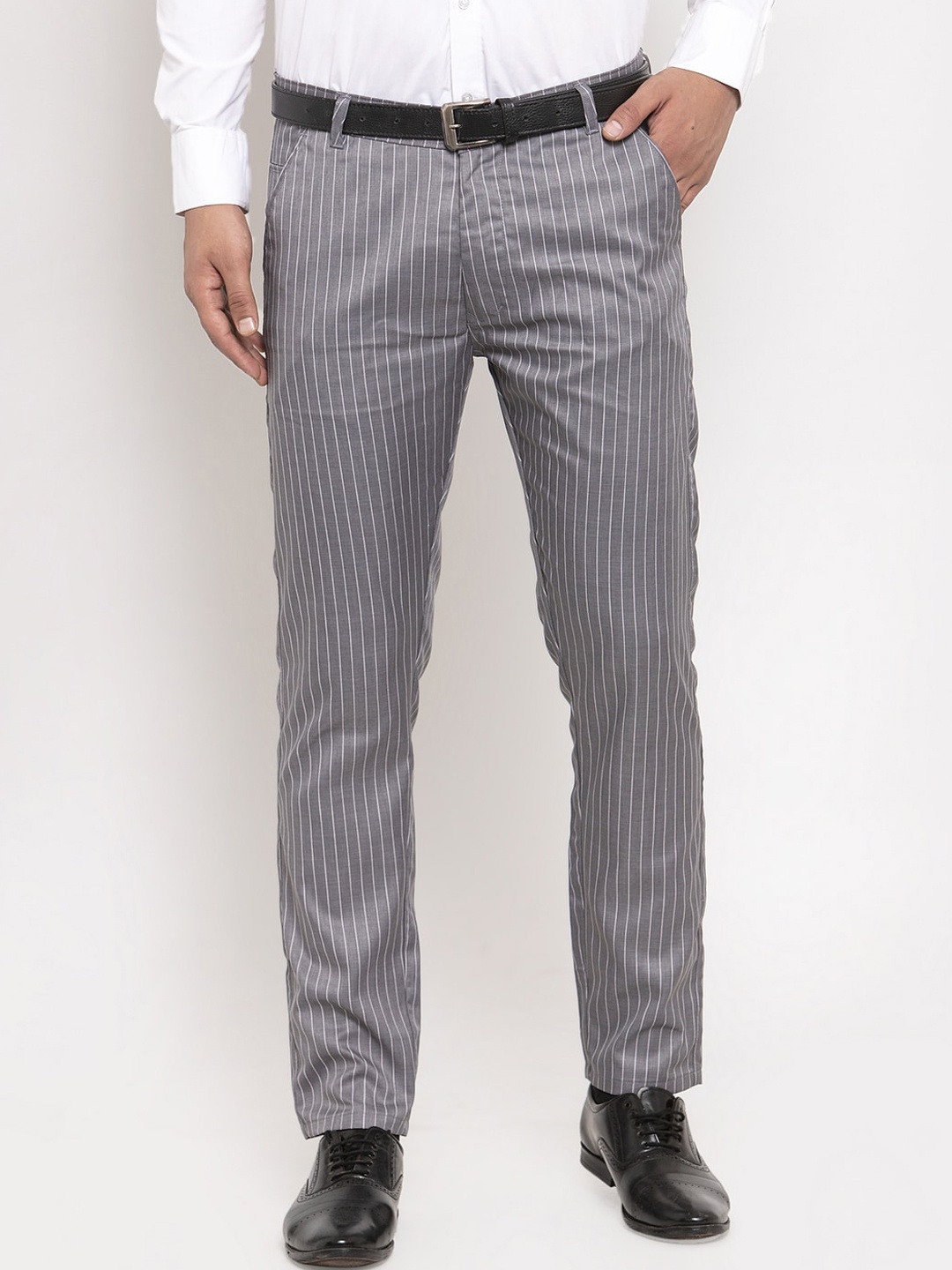 

JAINISH Men Grey Striped Smart Slim Fit Easy Wash Cotton Formal Trousers