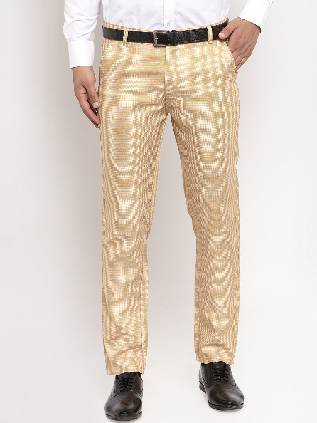 

JAINISH Men Gold-Toned Textured Smart Slim Fit Cotton Formal Trousers