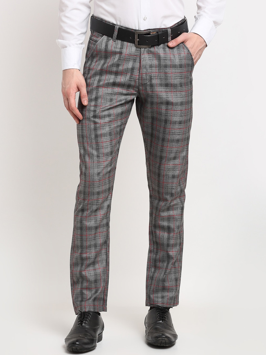 

JAINISH Men Grey & Red Checked Smart Slim Fit Easy Wash Pure Cotton Formal Trousers