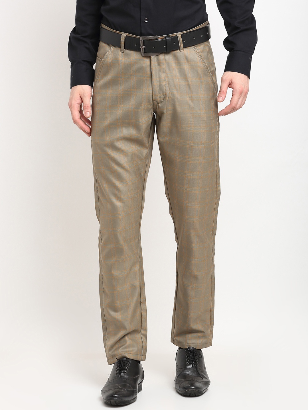 

JAINISH Men Brown Checked Smart Slim Fit Easy Wash Cotton Trousers