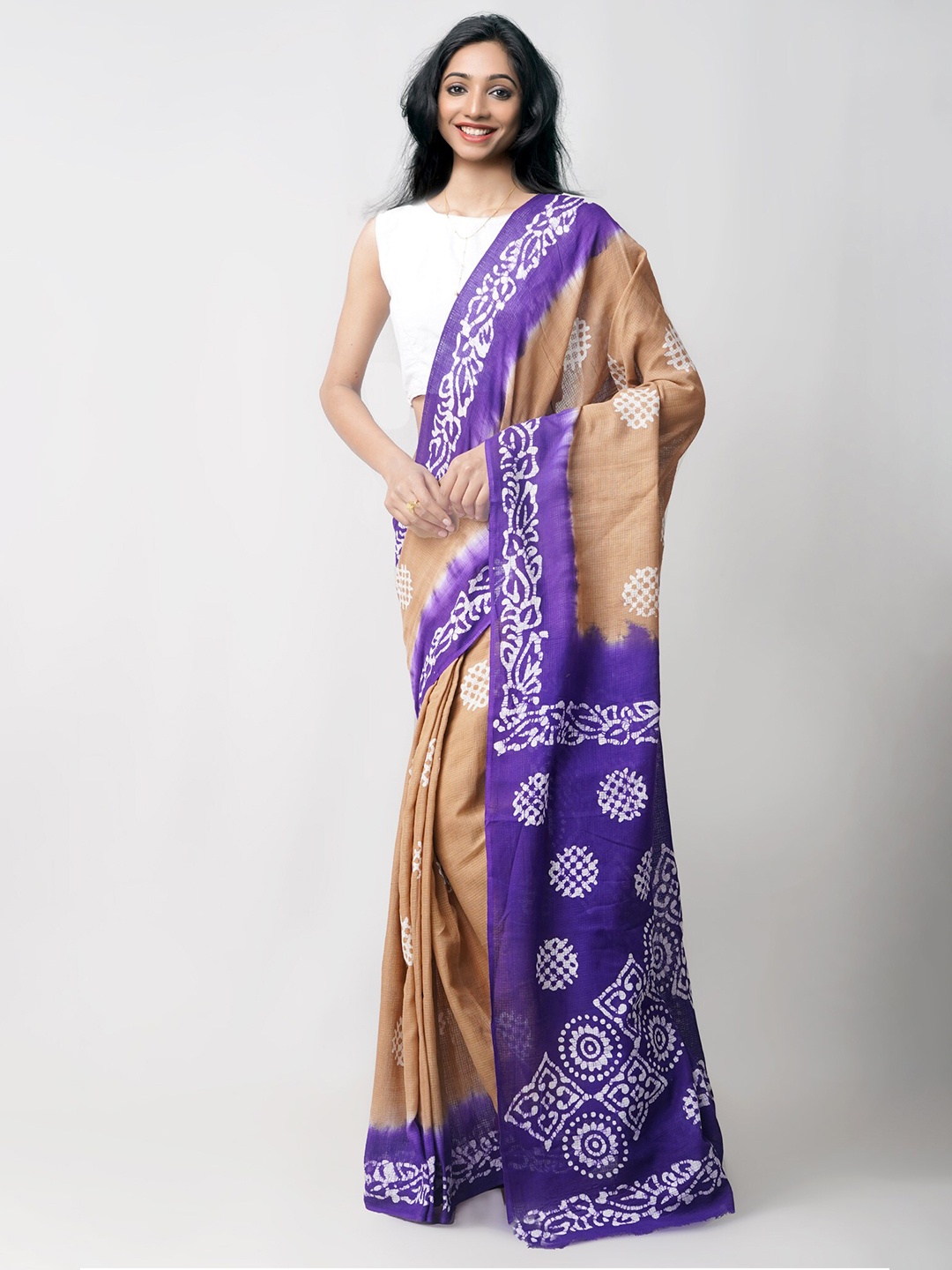 

Unnati Silks Cream-Coloured & Violet Batik Pure Cotton Kota Saree