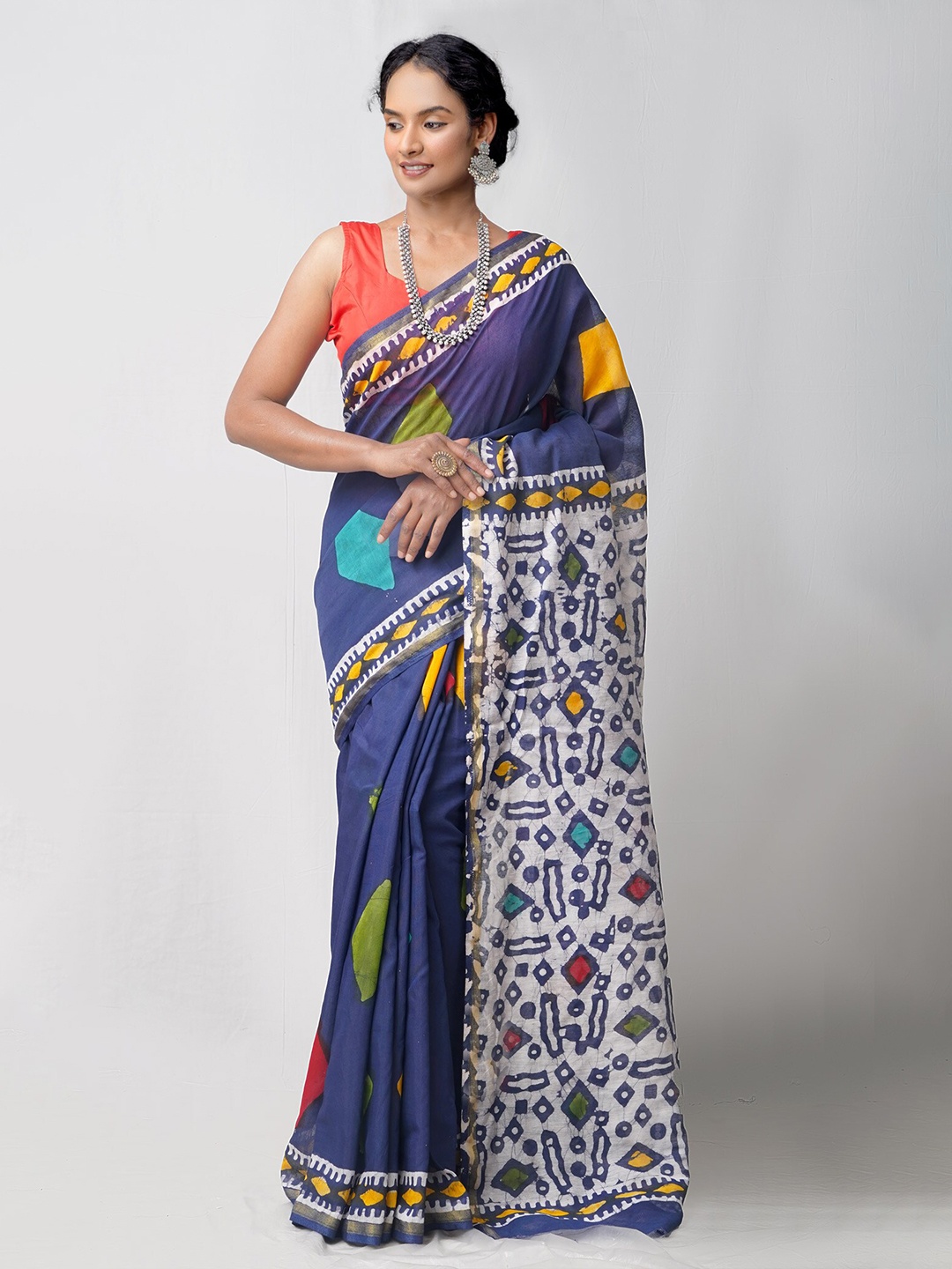 

Unnati Silks Navy Blue & Silver Ethnic Motifs Printed Chanderi Saree