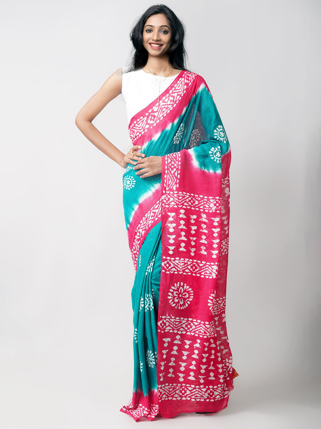 

Unnati Silks Teal Green & Pink Batik Pure Cotton Kota Saree