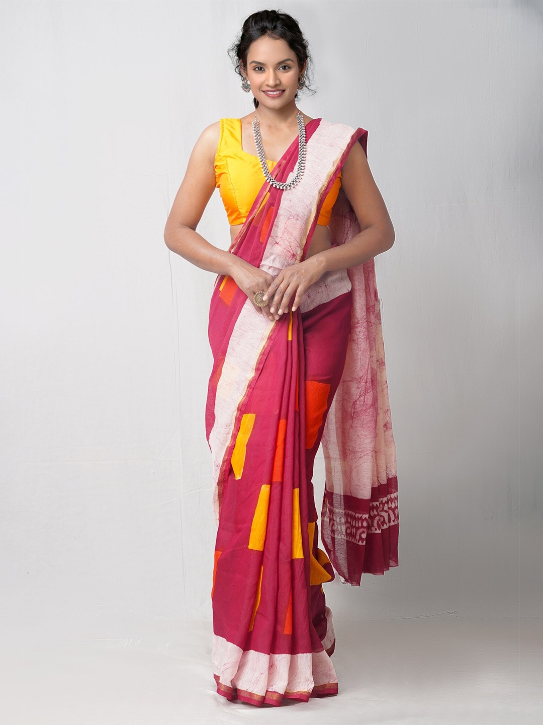 

Unnati Silks Maroon & Gold Ethnic Motifs Printed Chanderi Saree