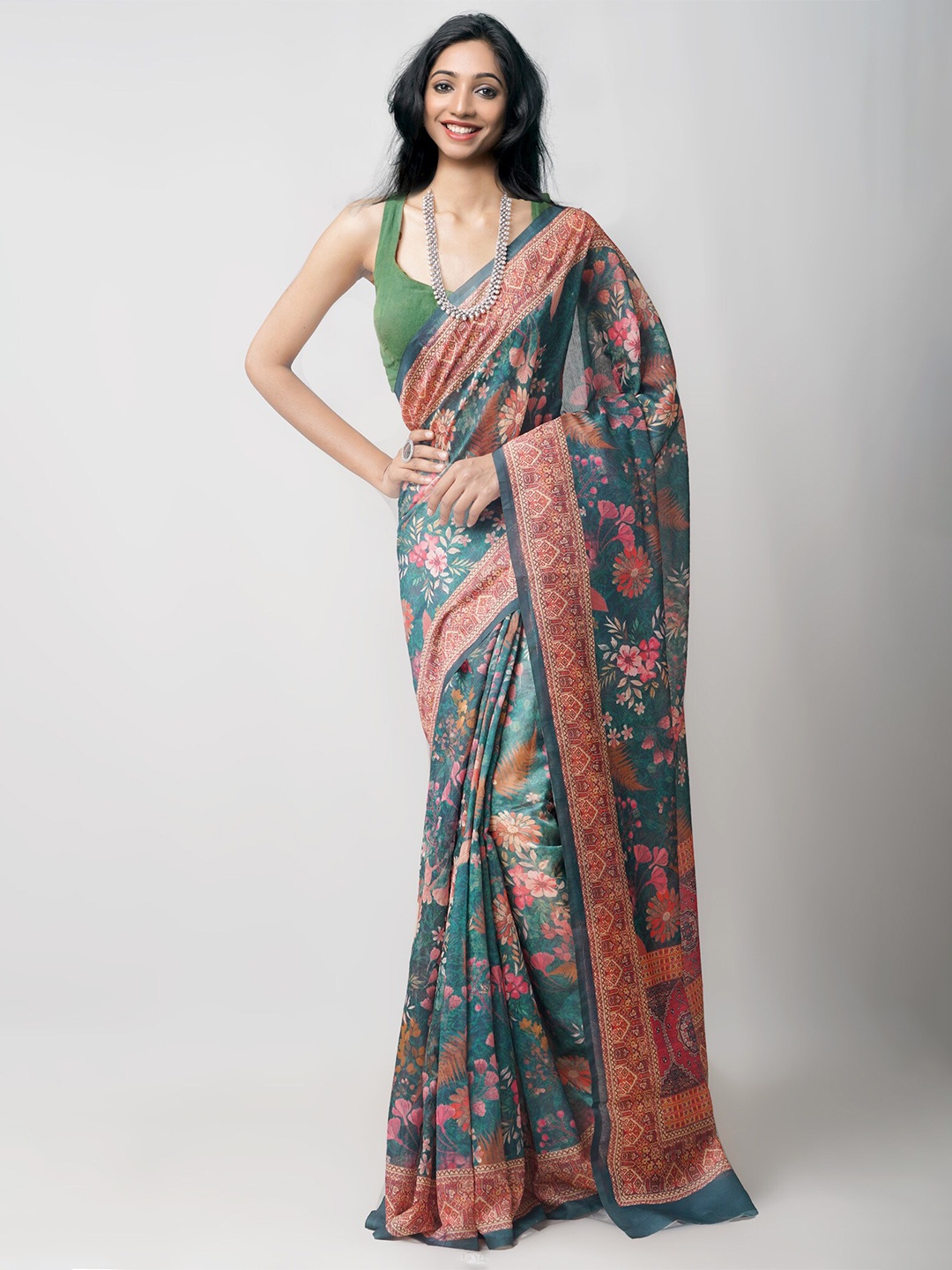 

Unnati Silks Women Digital Printed Chanderi Sico Saree, Green