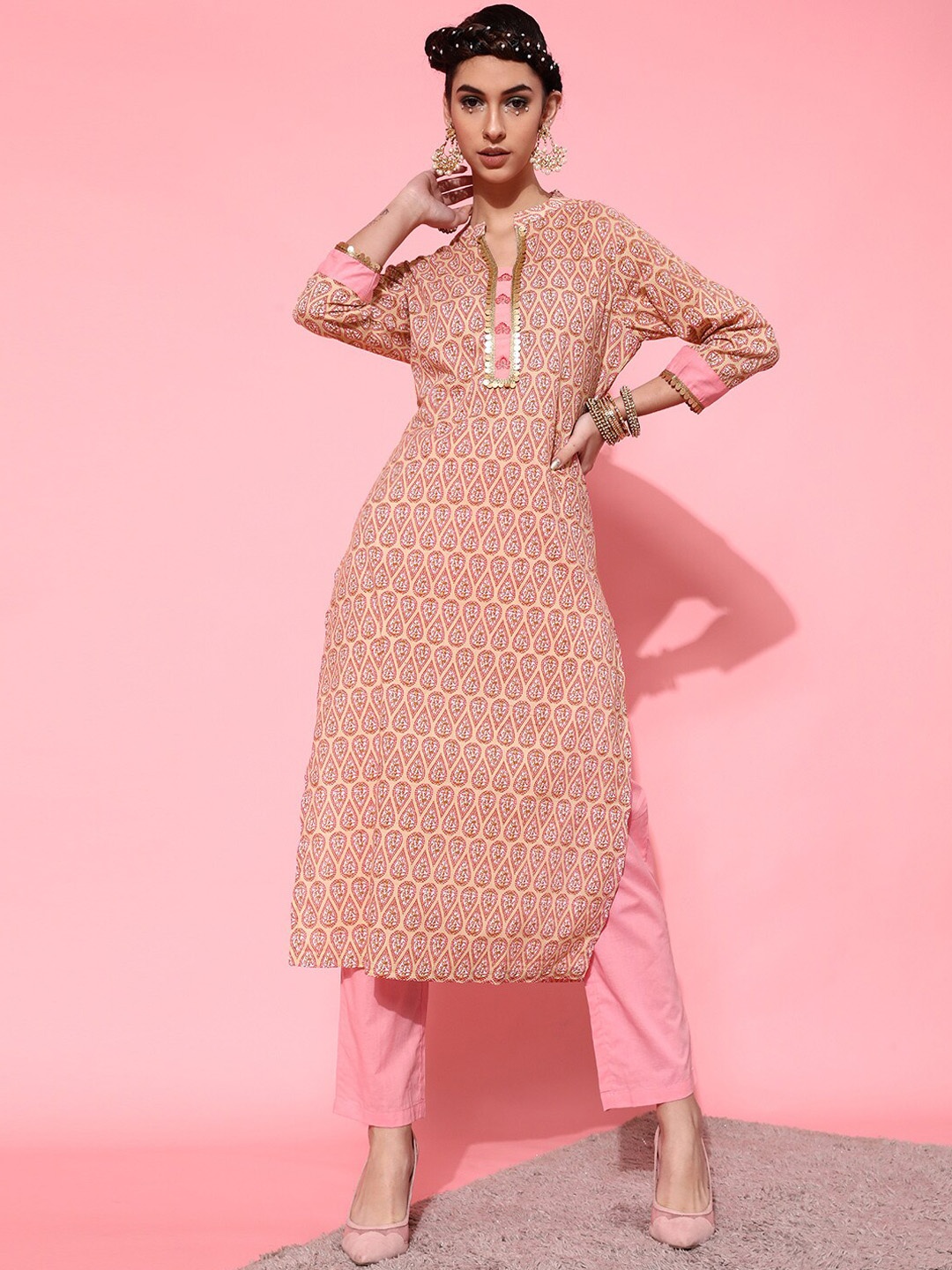 

STREET 9 Women Brown Ethnic Motifs Printed Pure Cotton Kurta with Trousers