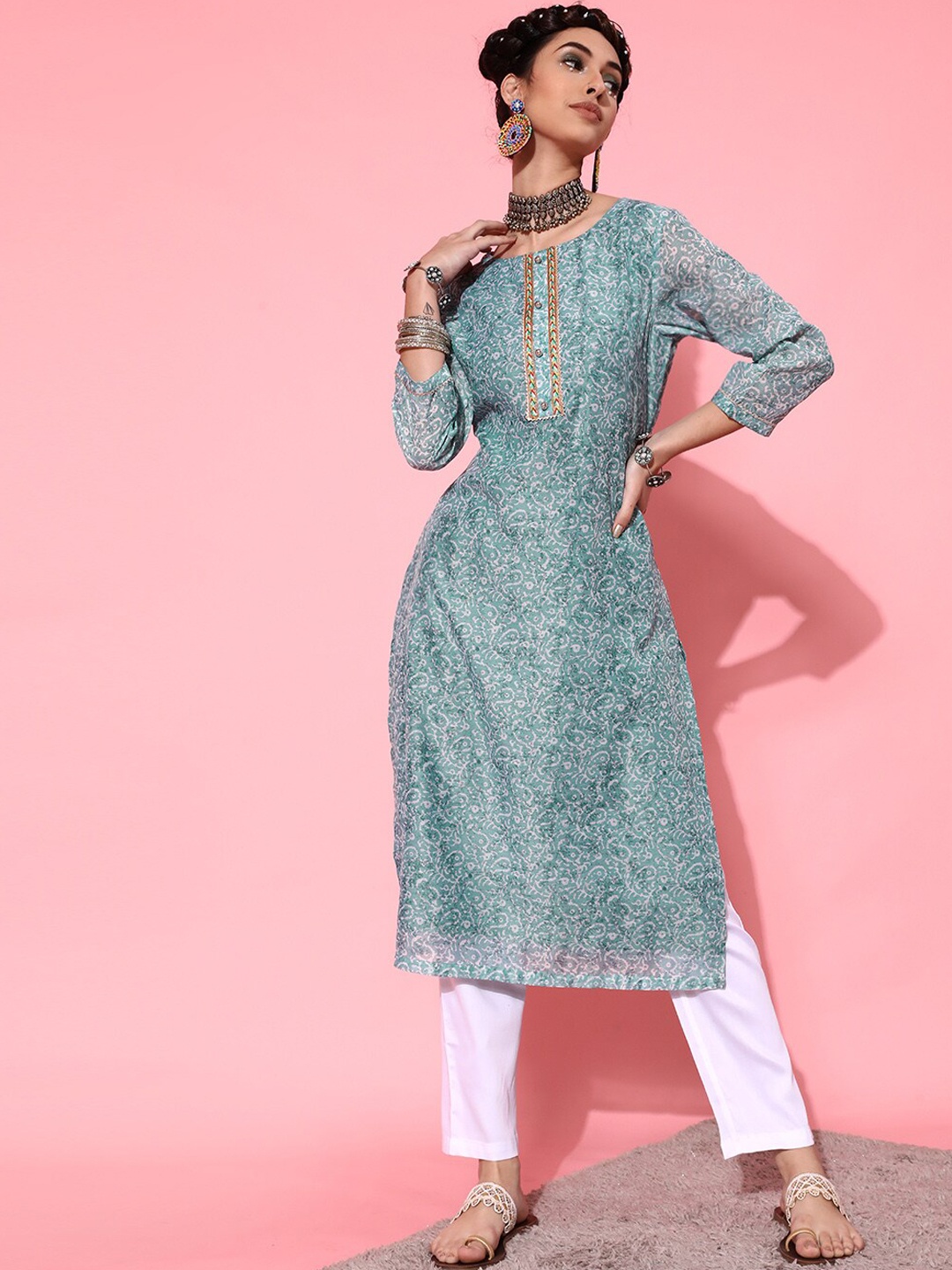 

STREET 9 Women Turquoise Blue Ethnic Motifs Printed Pure Cotton Kurta with Trousers