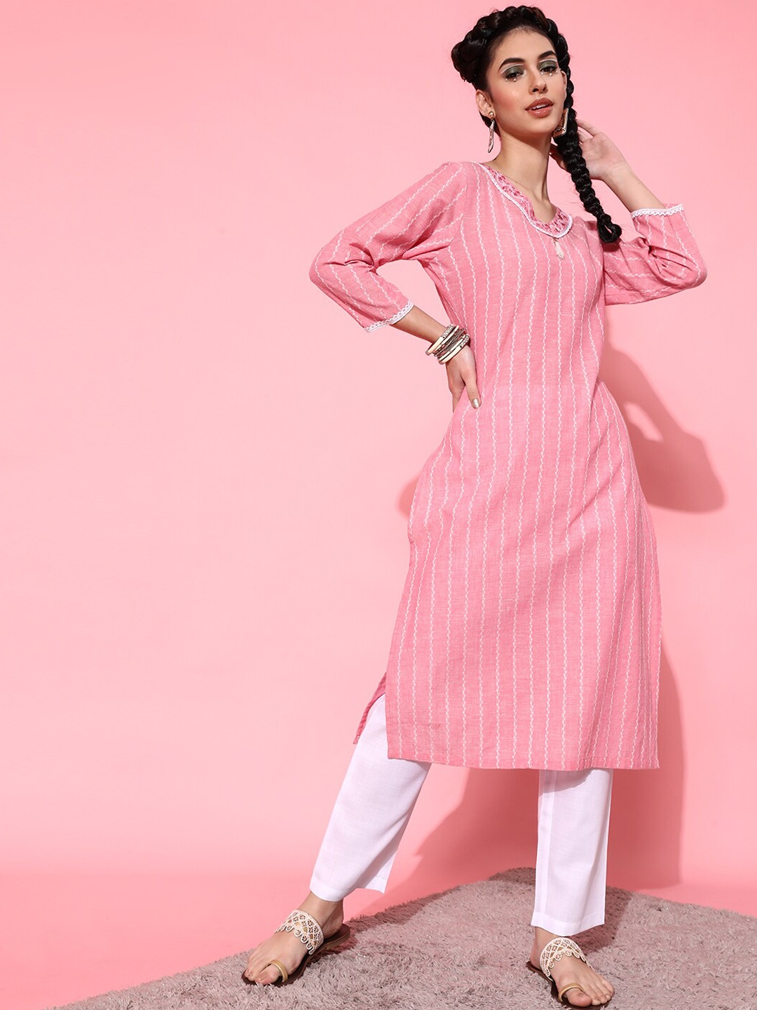 

STREET 9 Women Pink Ethnic Motifs Printed Pure Cotton Kurta with Trousers